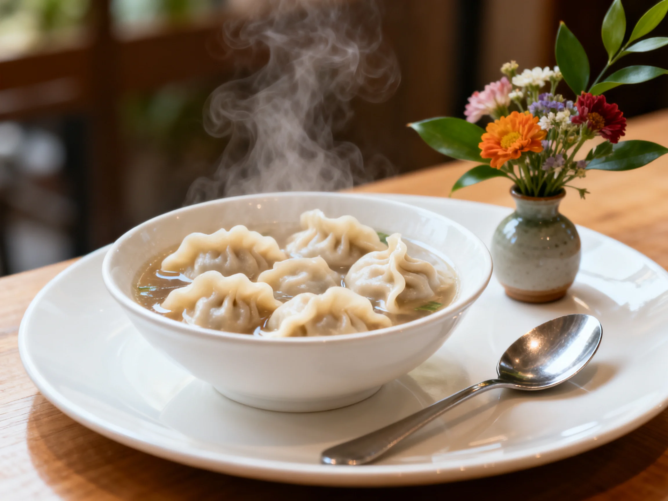 A steaming bowl of dumpling soup beside a flower vase