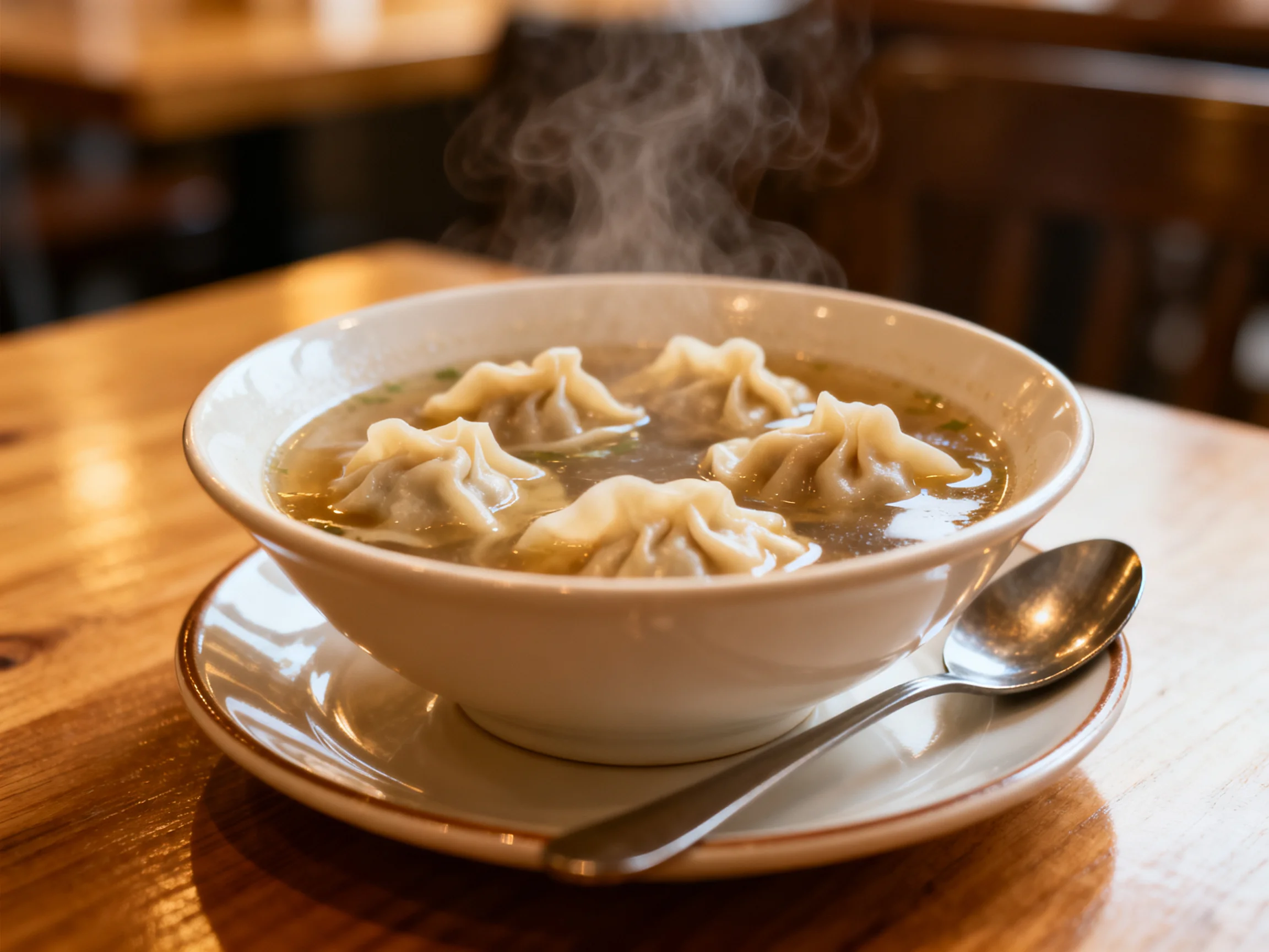 A steaming bowl of dumpling soup on a wooden table