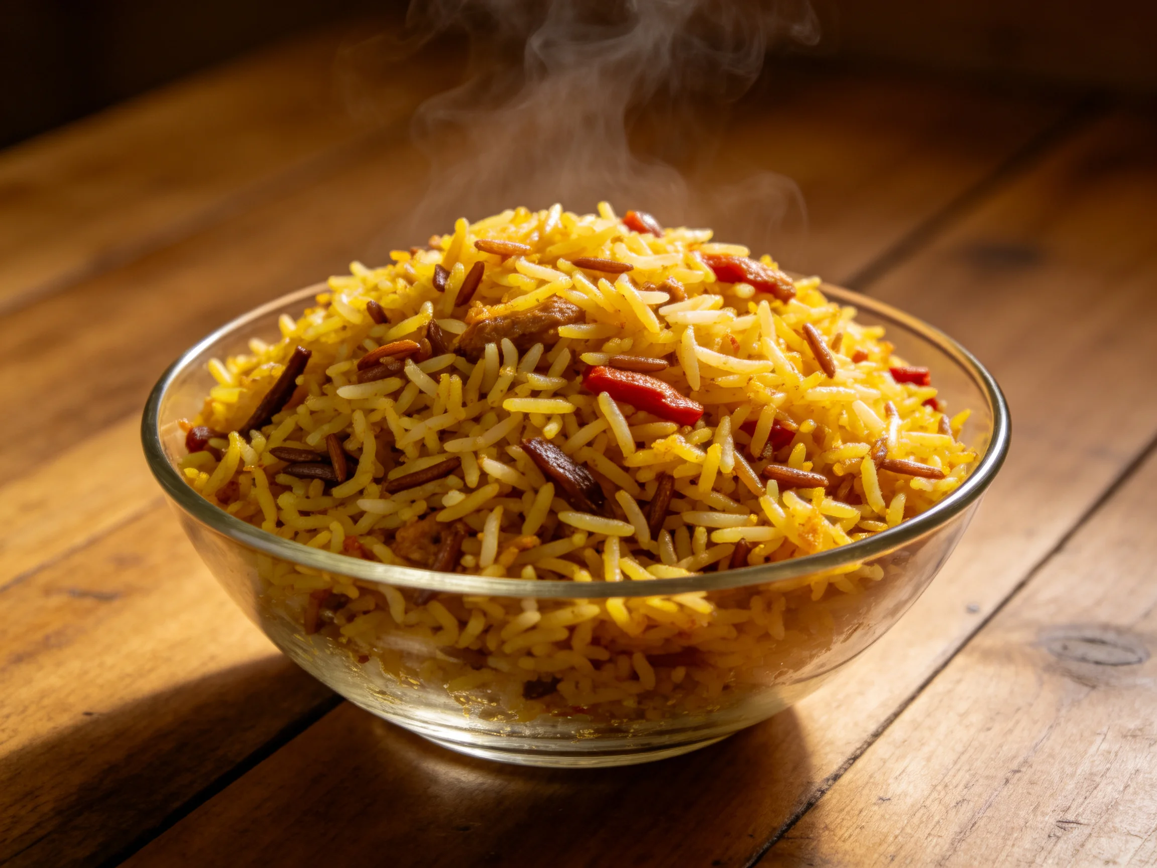 A steaming bowl of golden mixed rice with red and brown grains