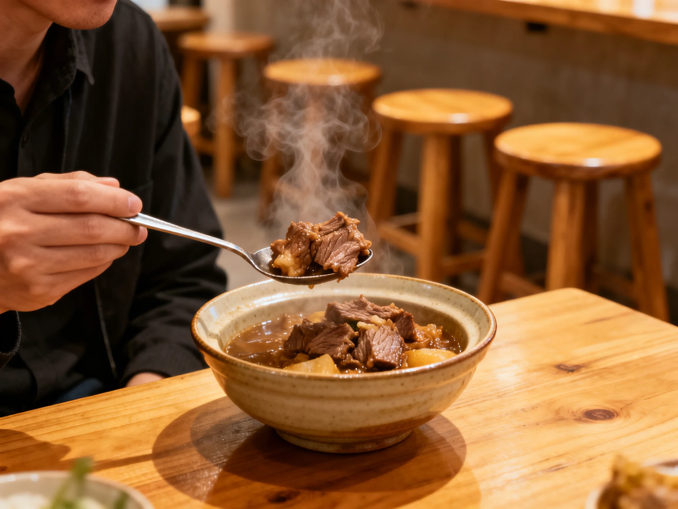 A steaming bowl of hearty beef stew served in a rustic restaurant