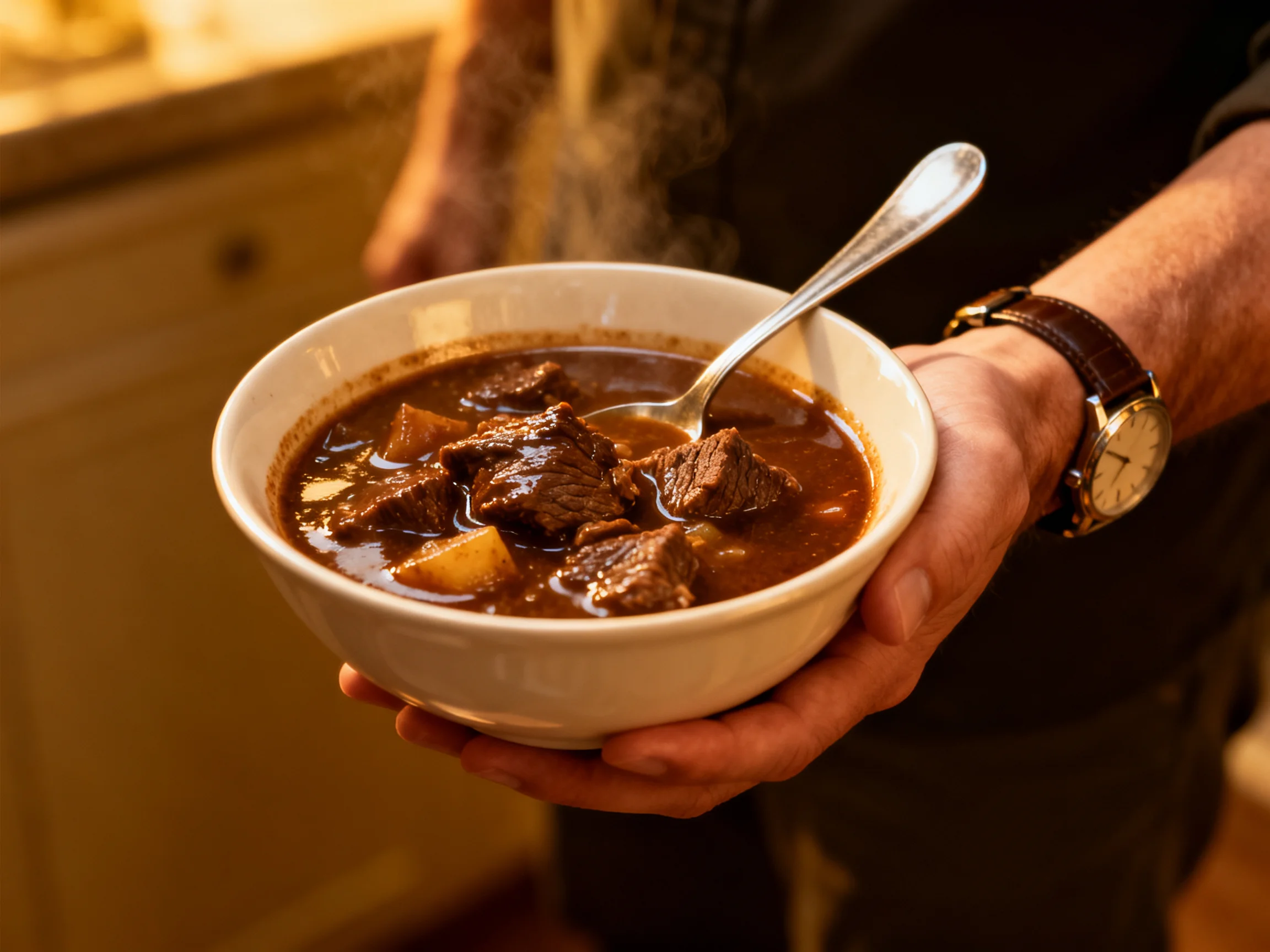 A steaming bowl of hearty beef stew with chunks of meat and potatoes