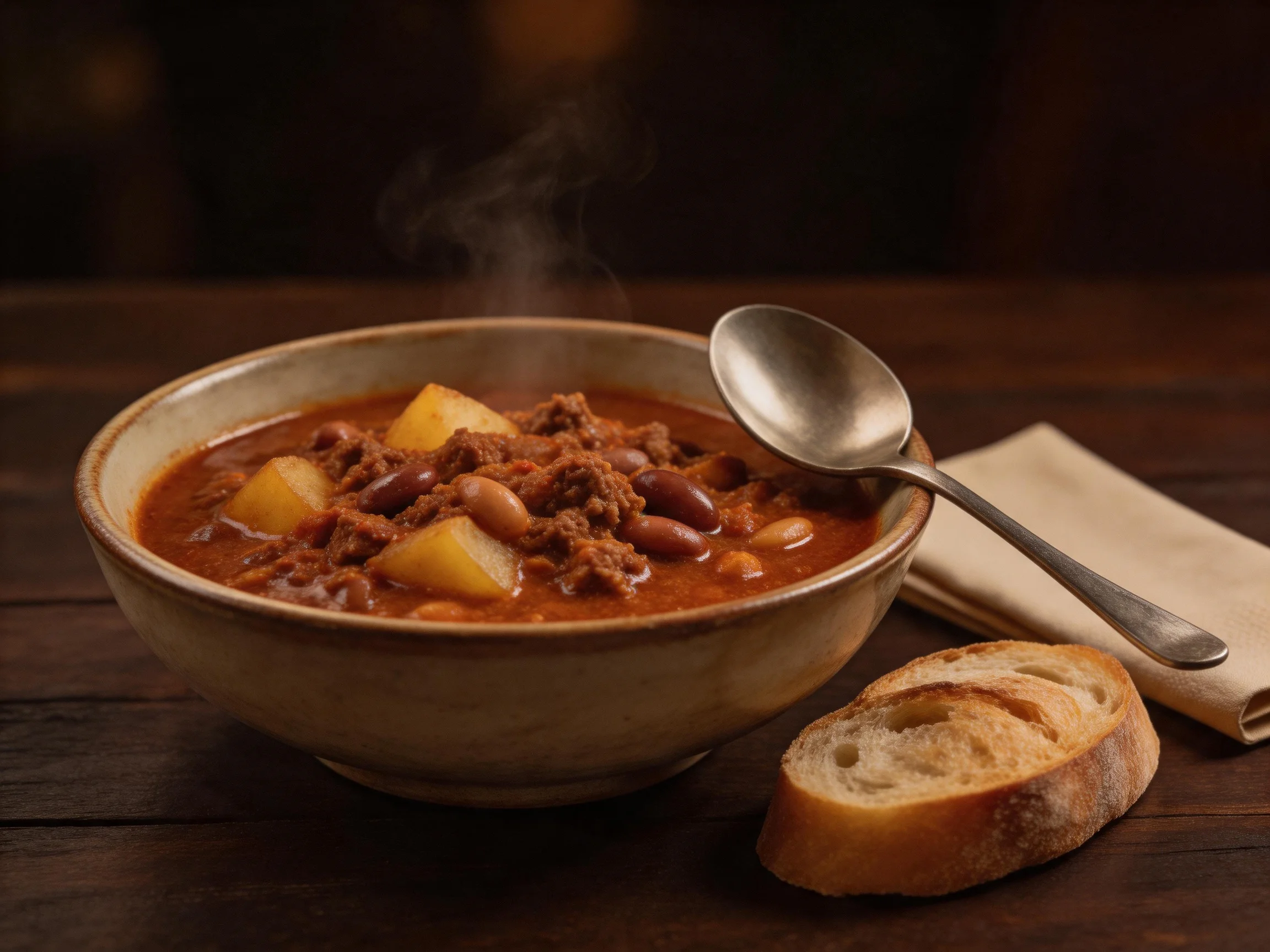 A steaming bowl of hearty chili soup with potato chunks and crusty bread