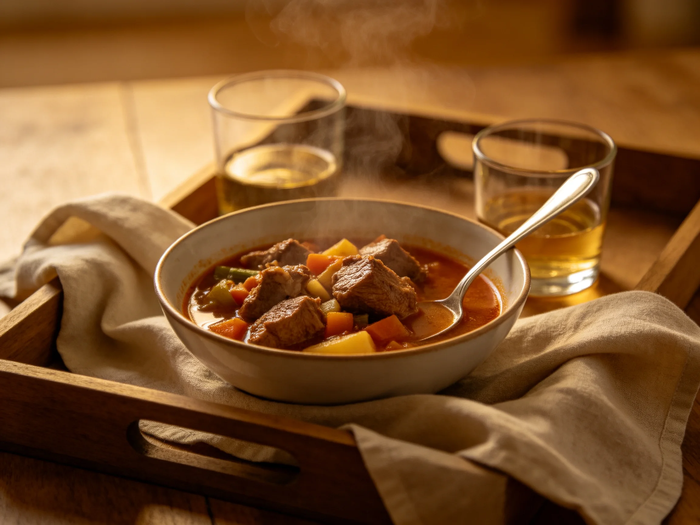 A steaming bowl of meat and vegetable stew with two glasses on a wooden tray
