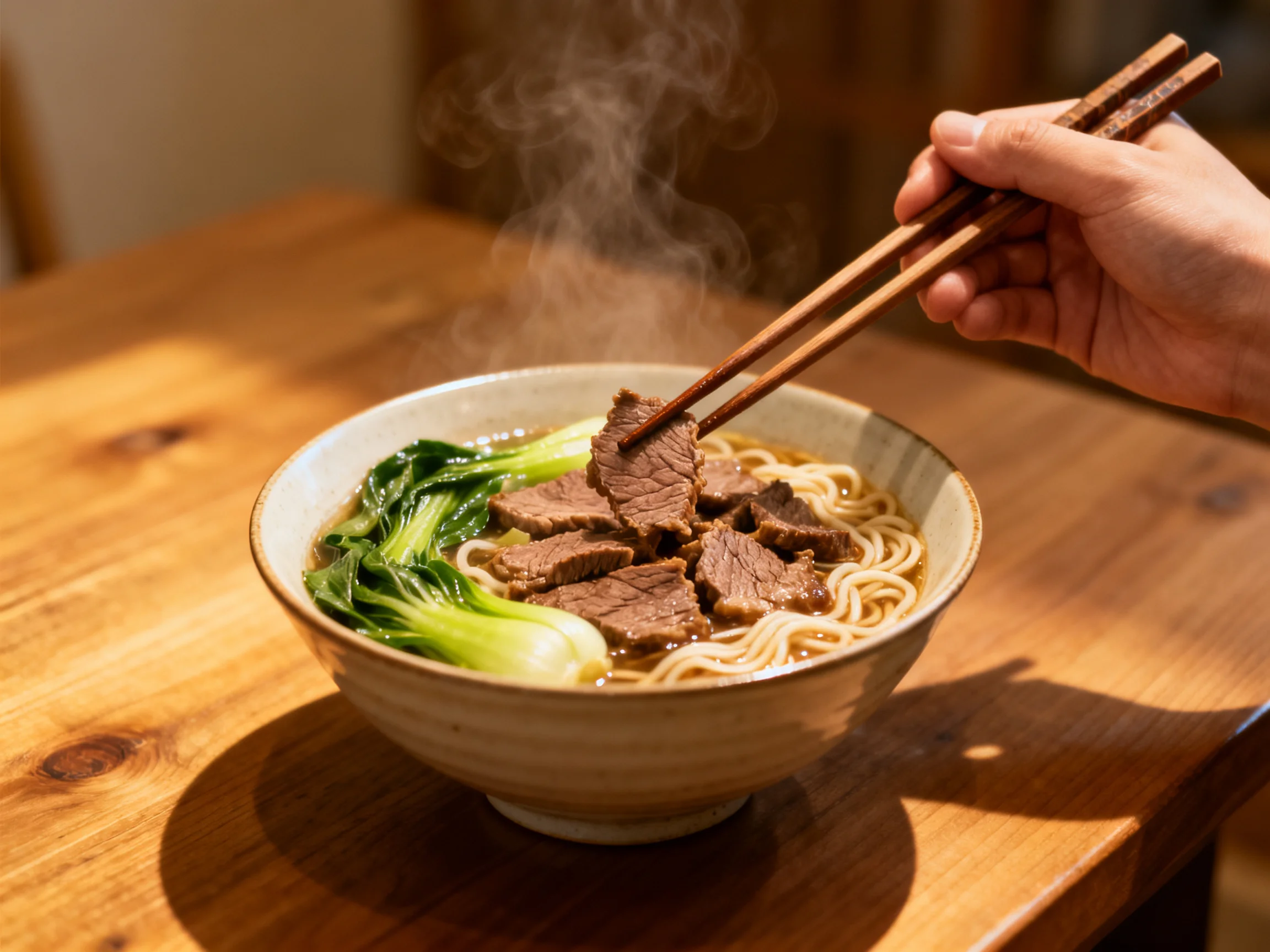 A steaming bowl of noodle soup with tender beef and bok choy