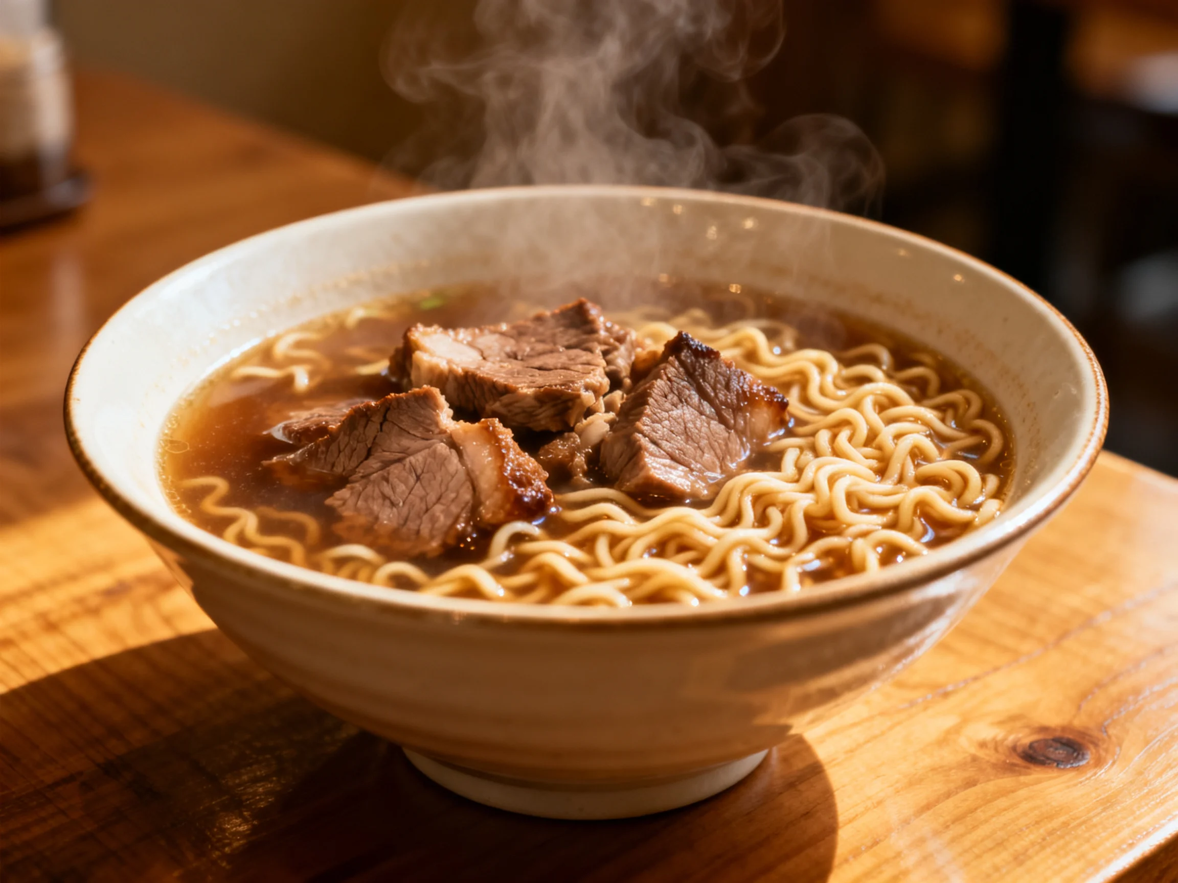 A steaming bowl of noodles topped with tender beef slices