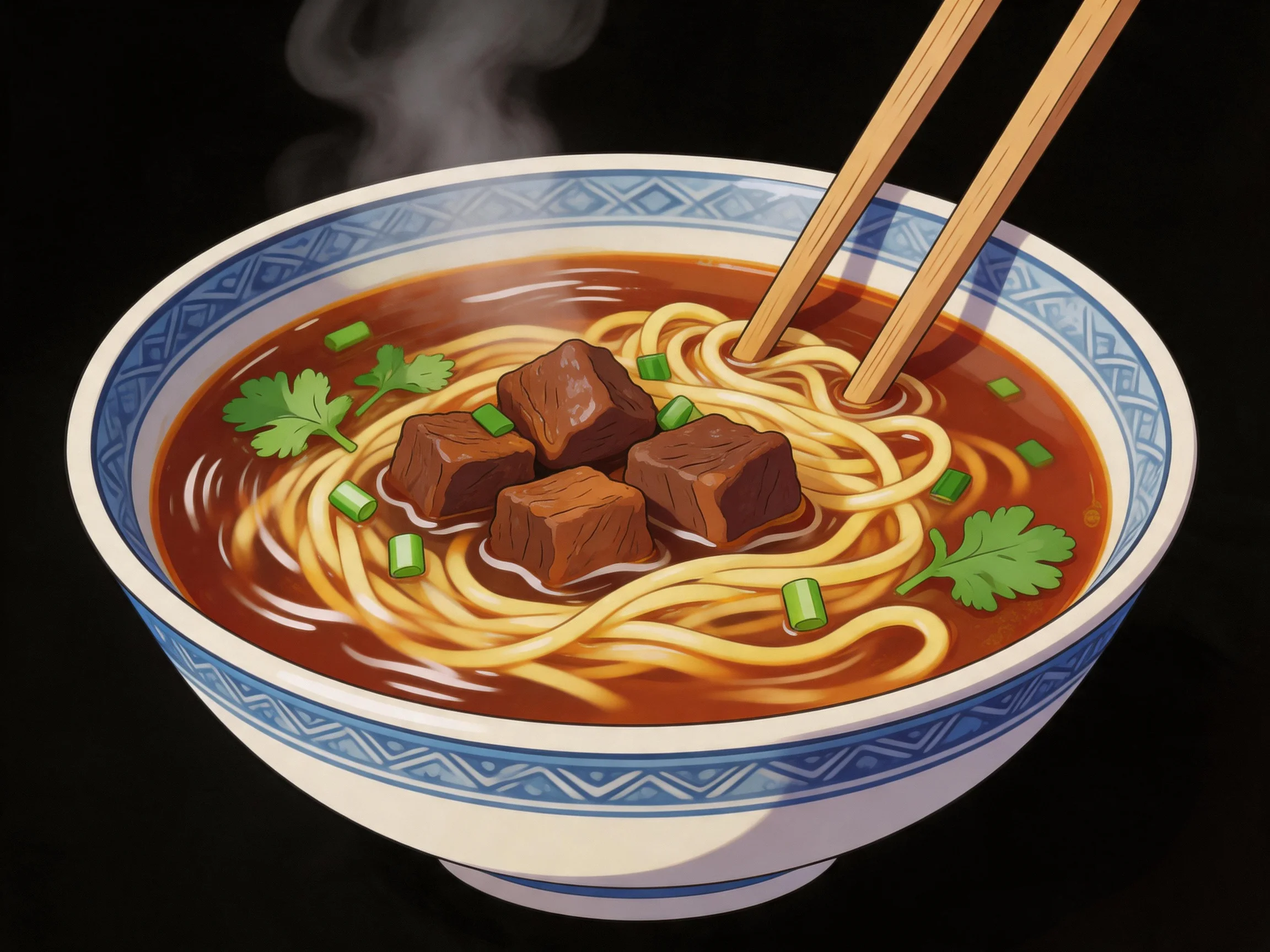 A steaming bowl of noodles with beef cubes in decorative bowl
