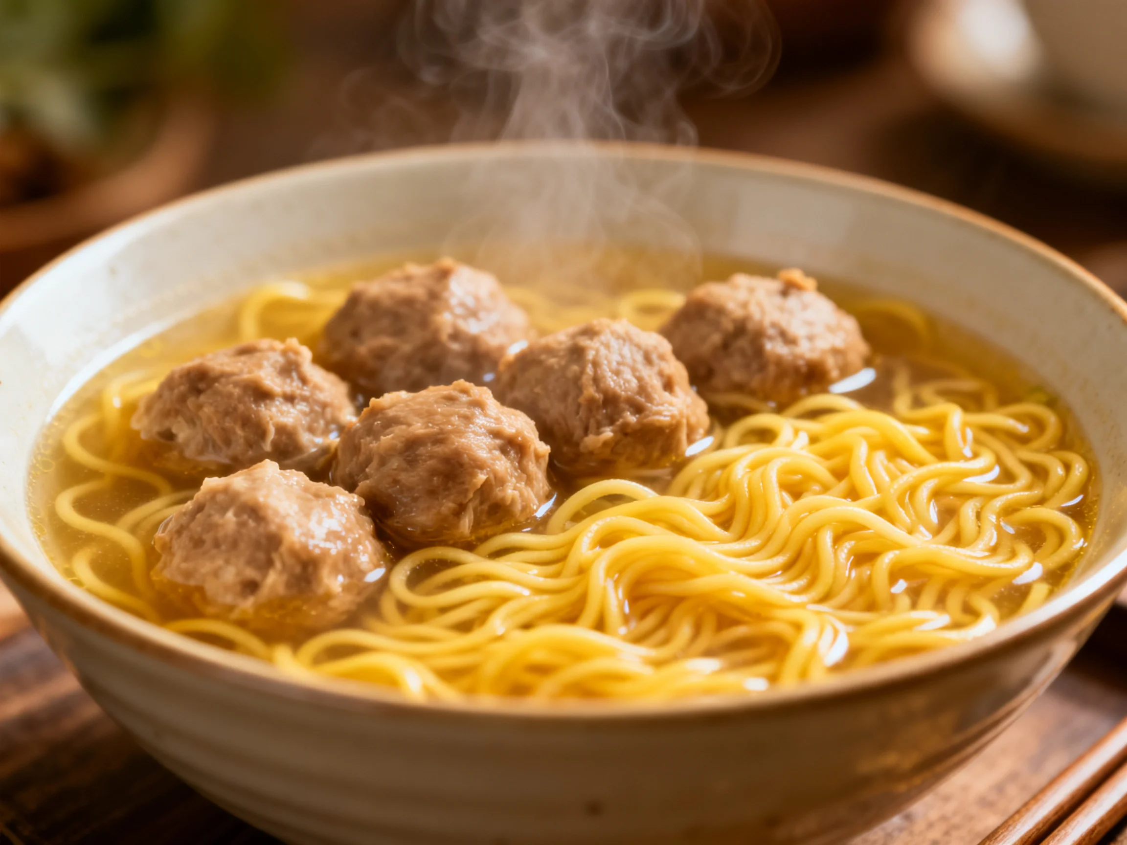 A steaming bowl of noodles with six meatballs in golden broth