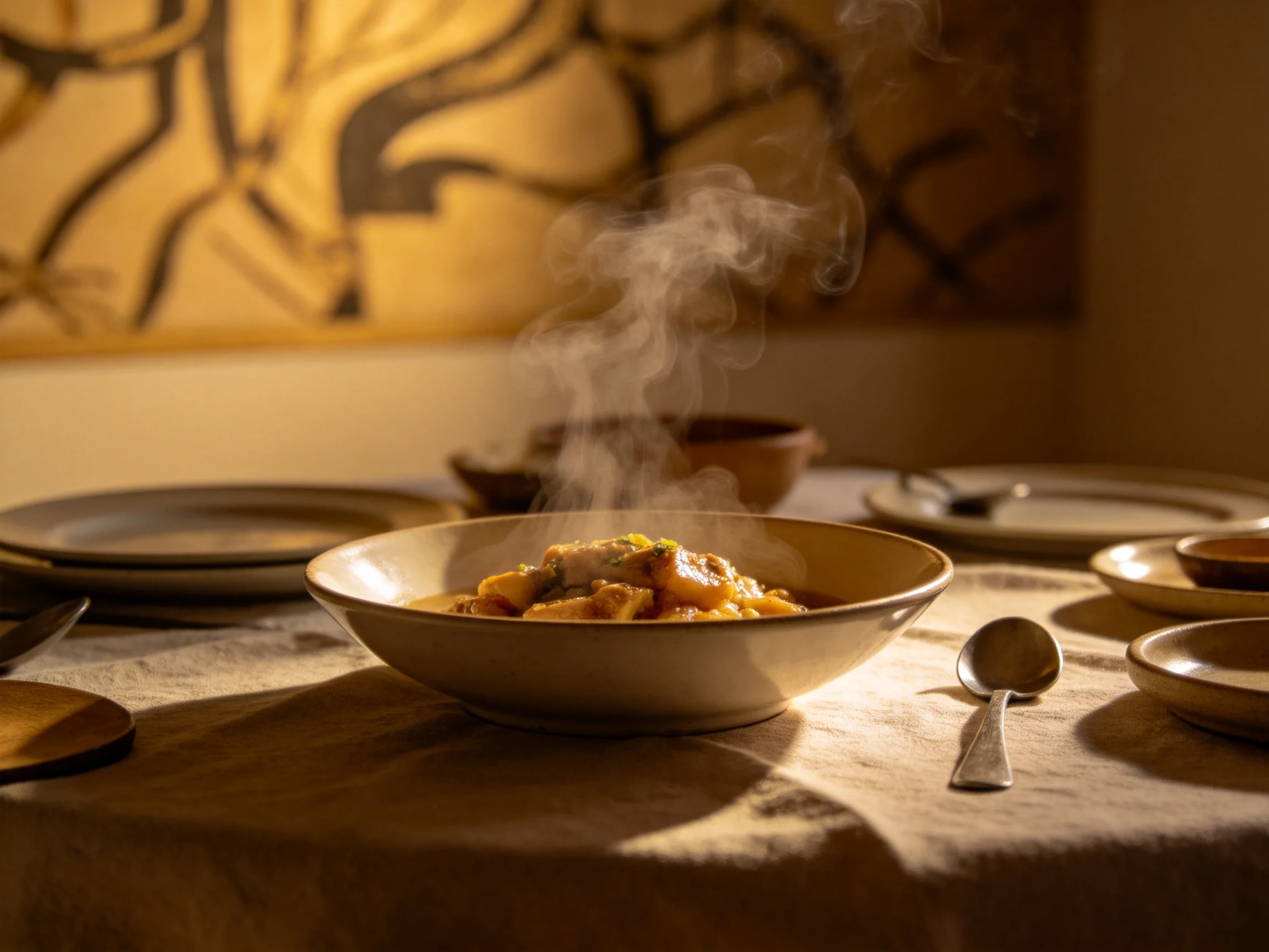 A steaming bowl of pasta on a warmly lit dining table