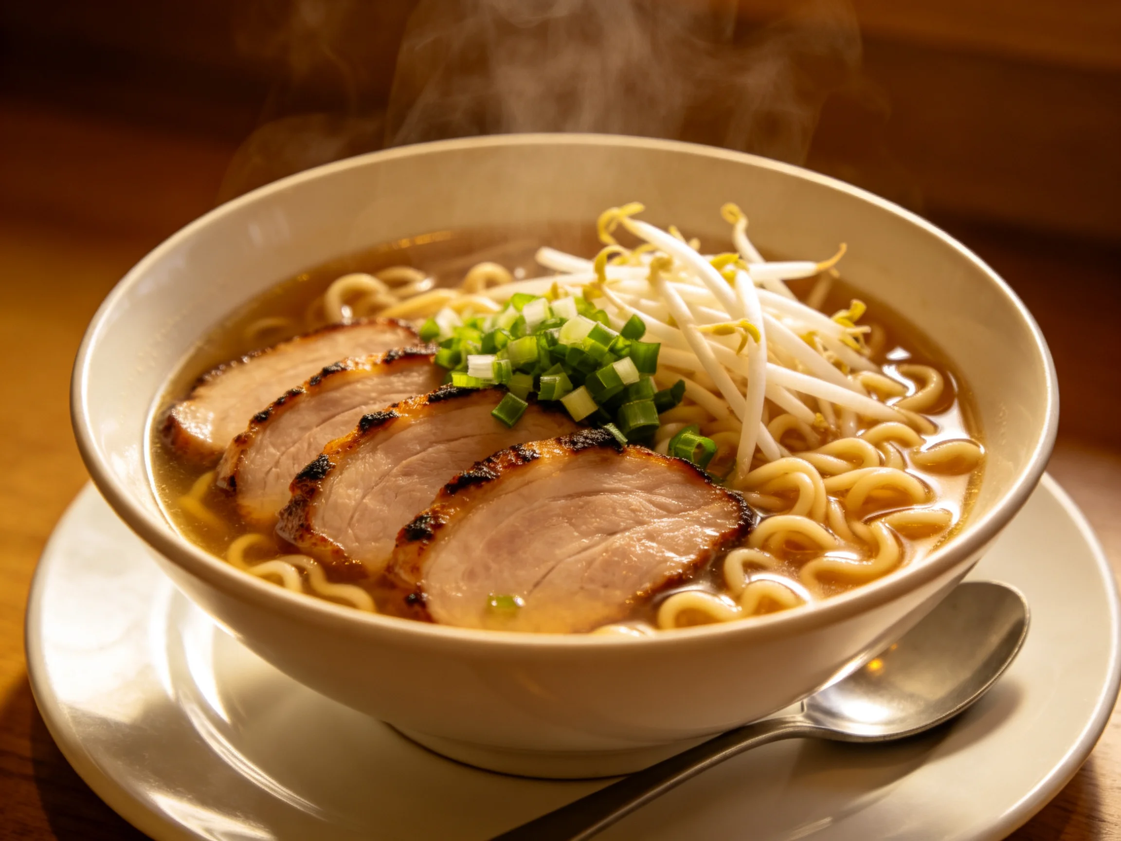 A steaming bowl of ramen topped with grilled pork slices
