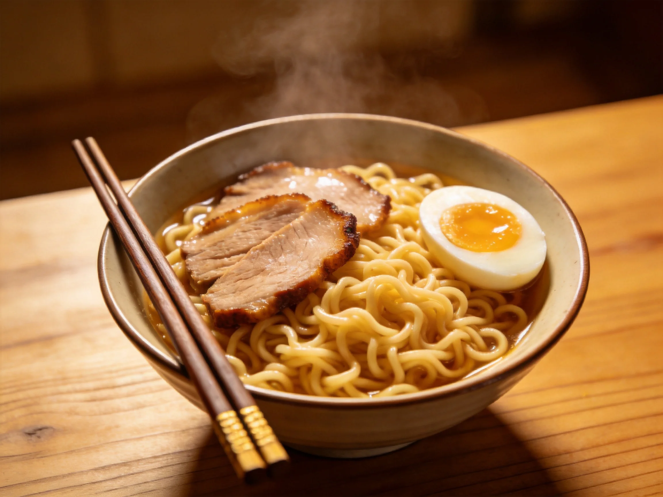 A steaming bowl of ramen with pork and egg on a wooden table