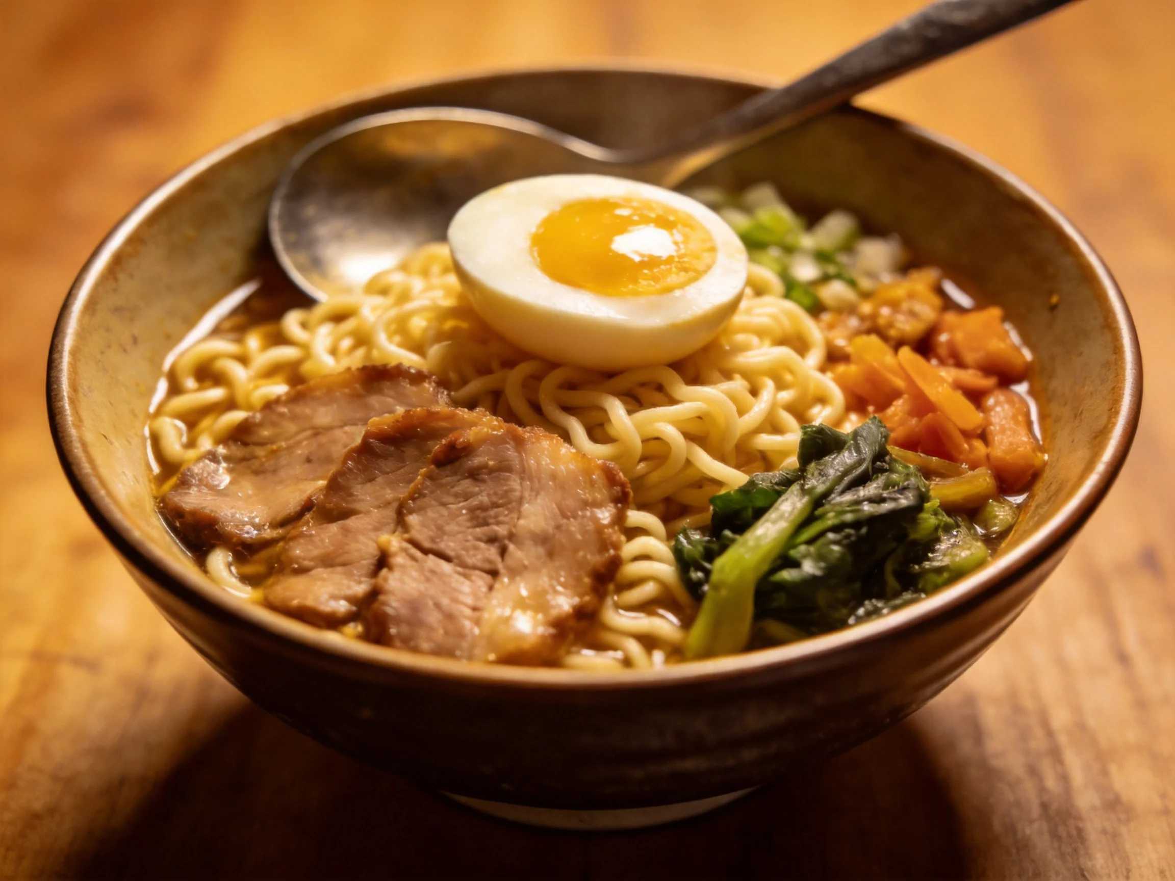 A steaming bowl of ramen with pork, egg, and mixed vegetables