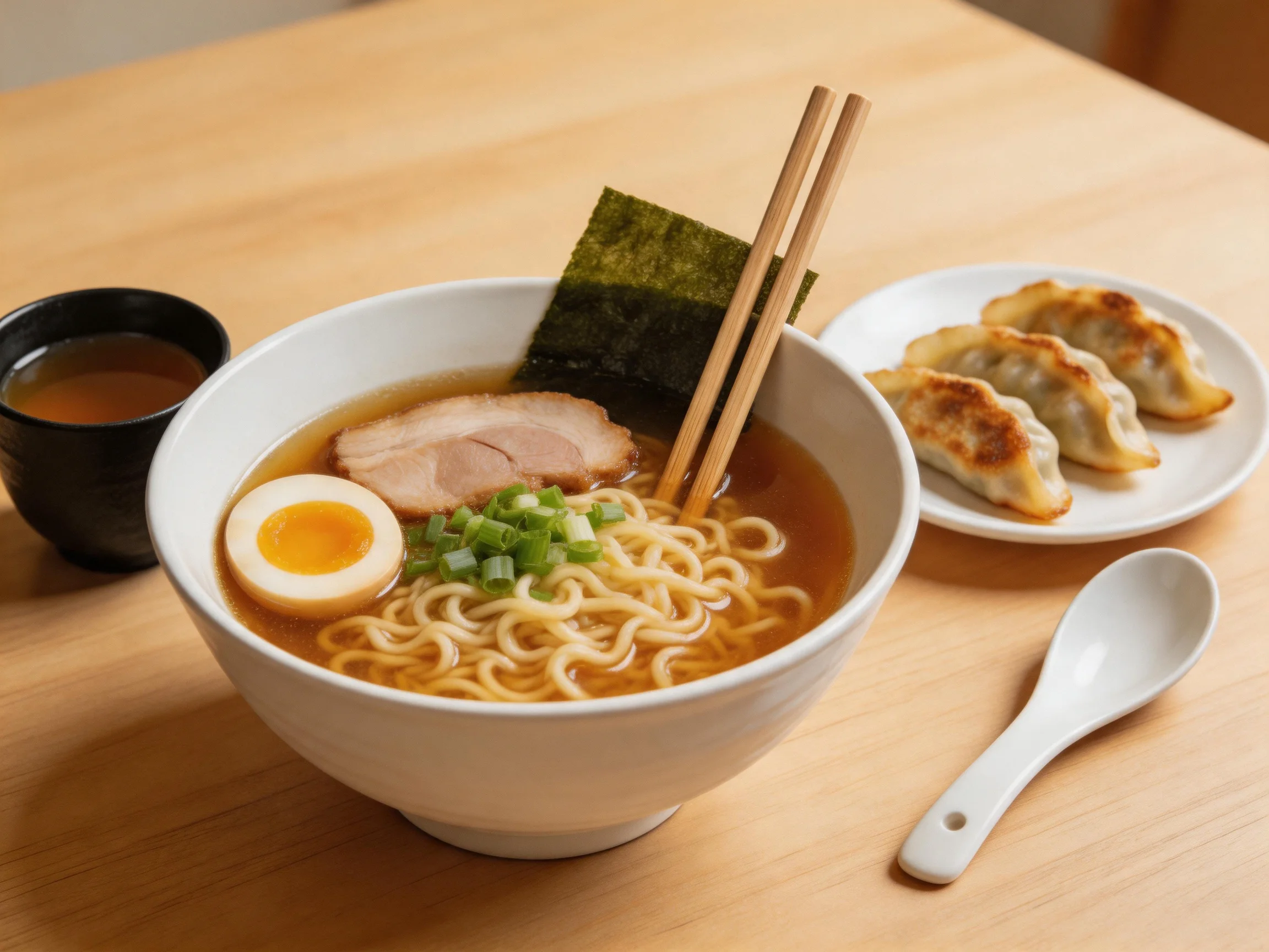 A steaming bowl of ramen with pork, egg, and seaweed beside pan-fried dumplings