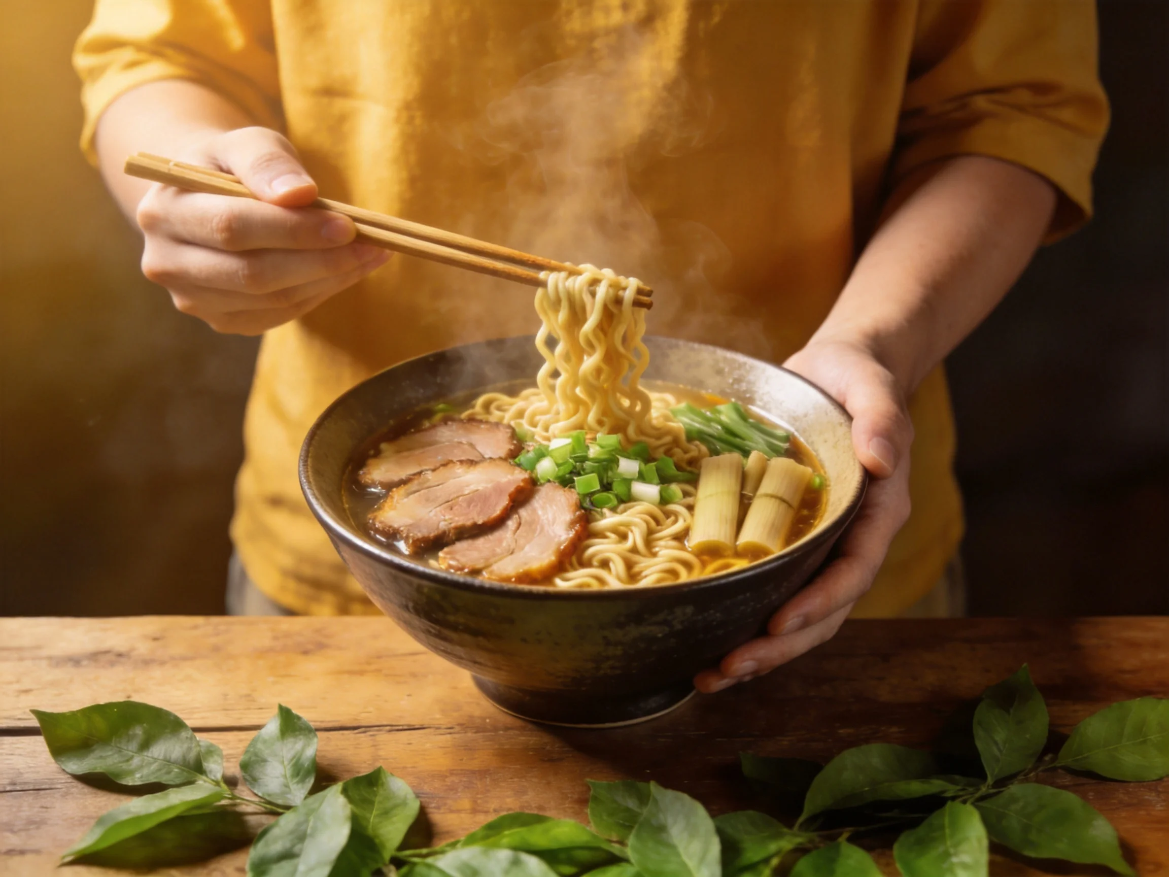 A steaming bowl of ramen with sliced pork, scallions, and bamboo shoots