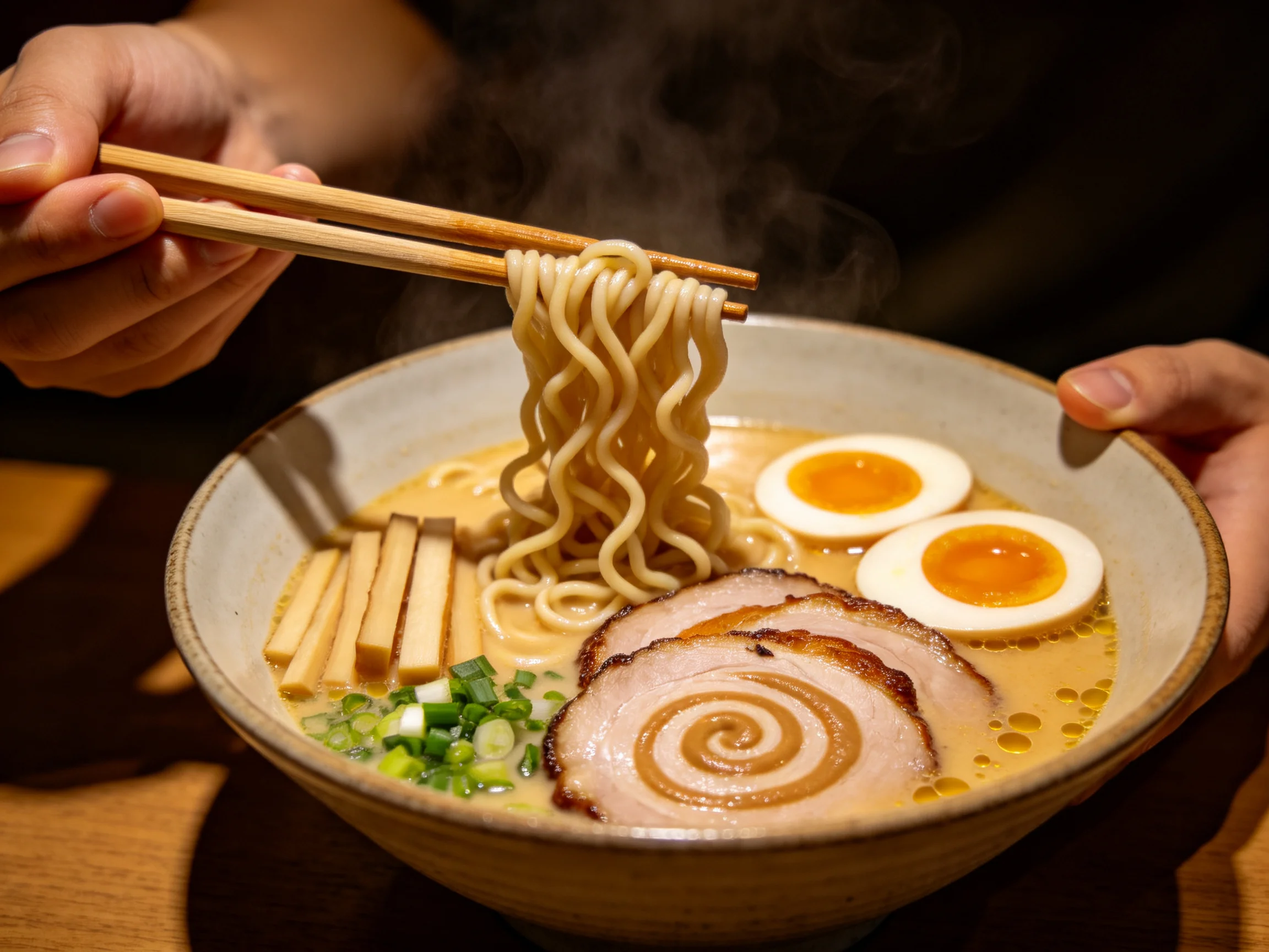 A steaming bowl of ramen with two soft - boiled eggs, pork, and tofu
