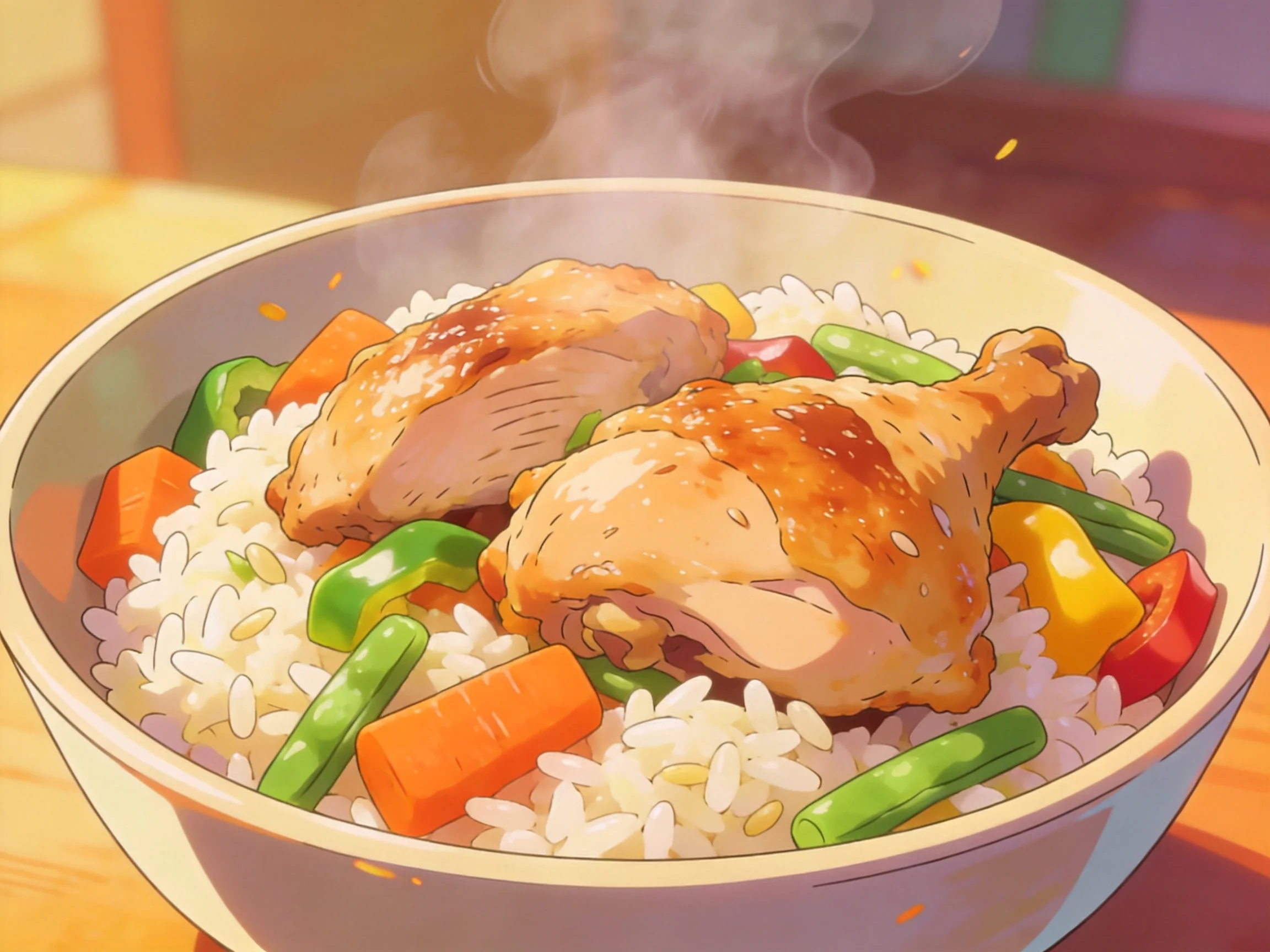 A steaming bowl of rice topped with roasted chicken and mixed vegetables