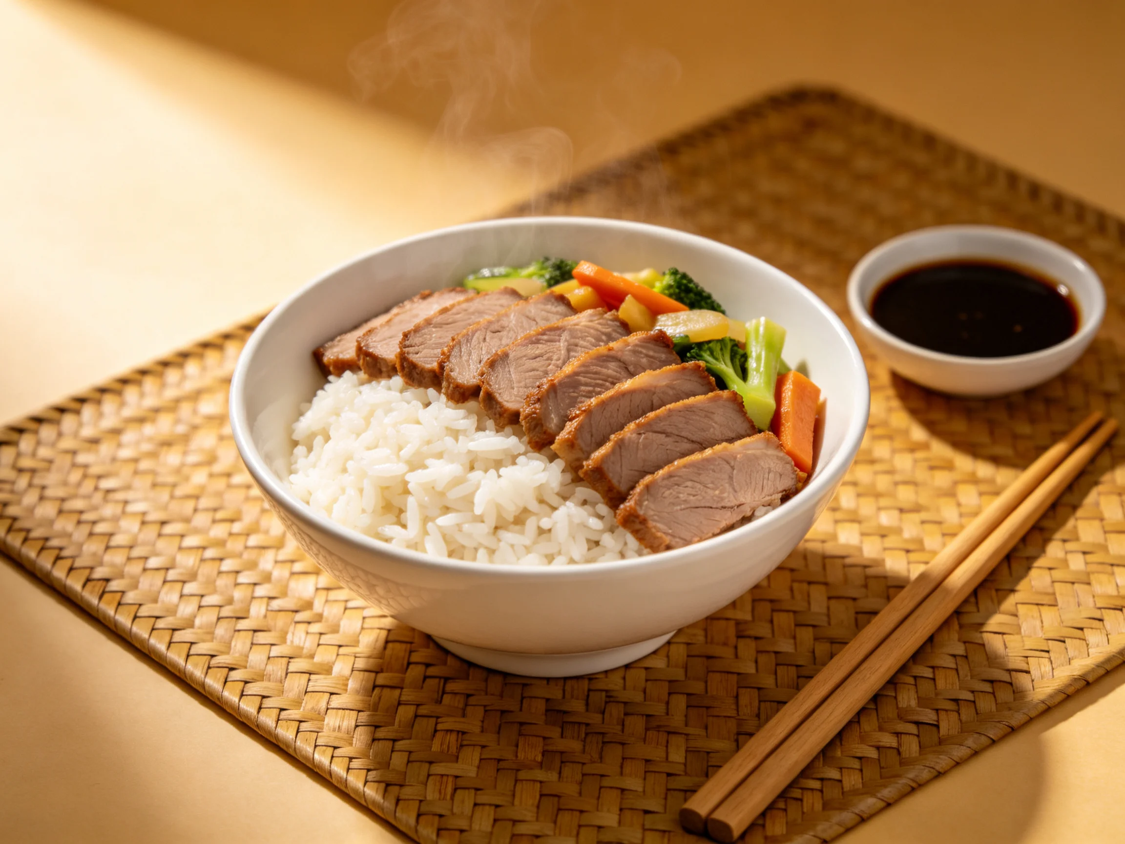 A steaming bowl of rice with sliced meat and colorful vegetables beside soy sauce