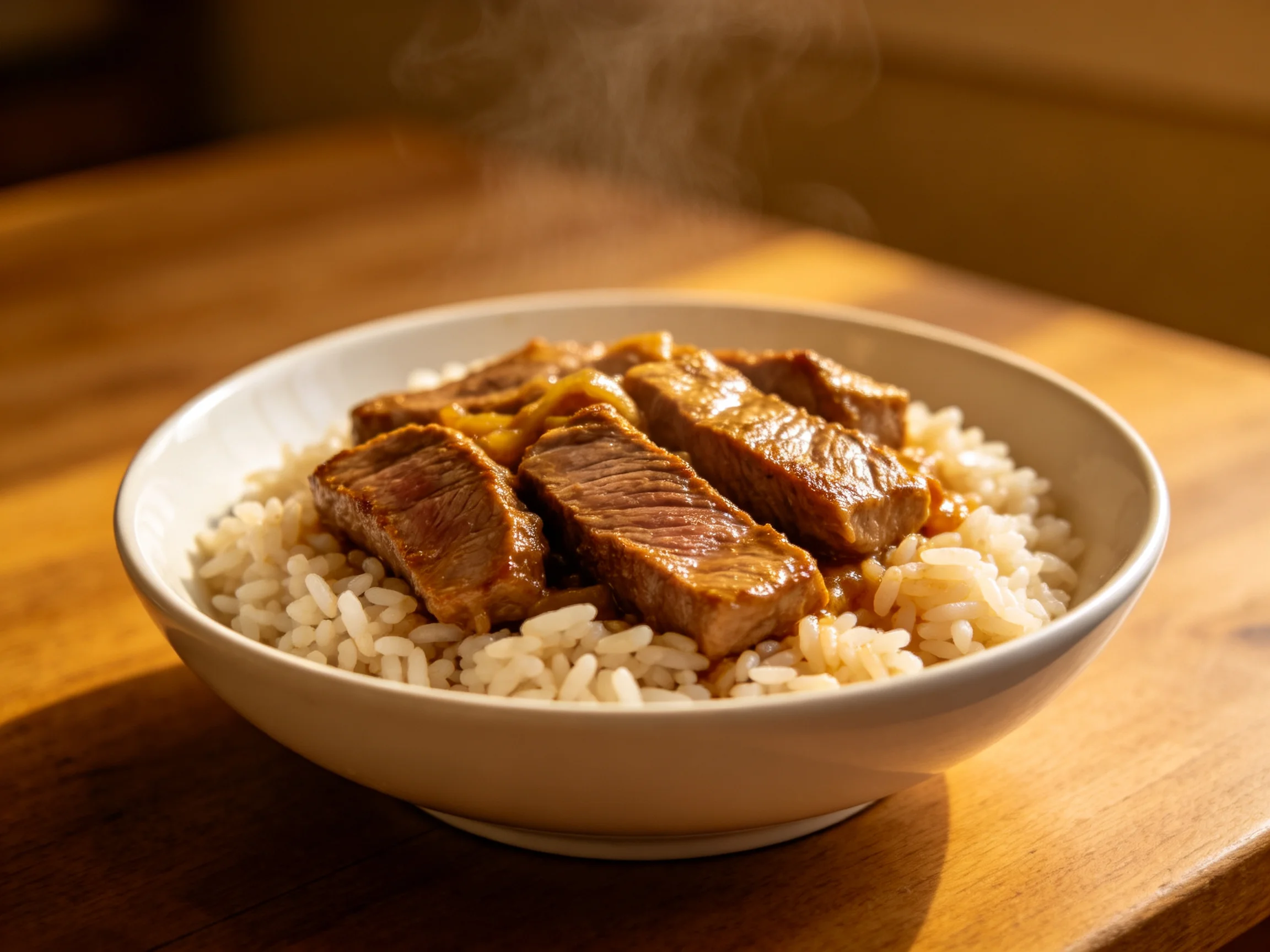 A steaming bowl of savory brown beef served over fluffy white rice
