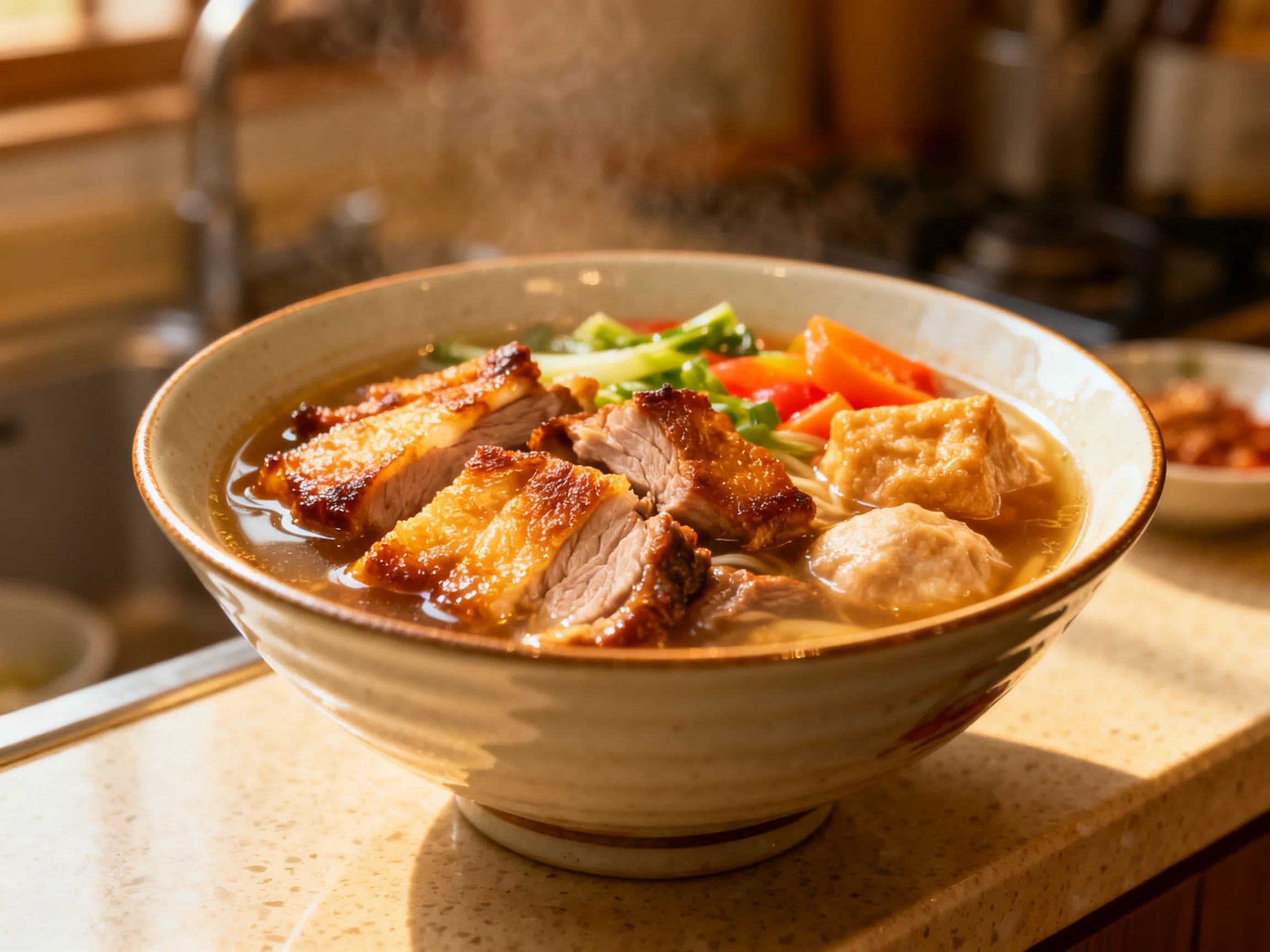 A steaming bowl of savory noodle soup with crispy pork and fresh vegetables
