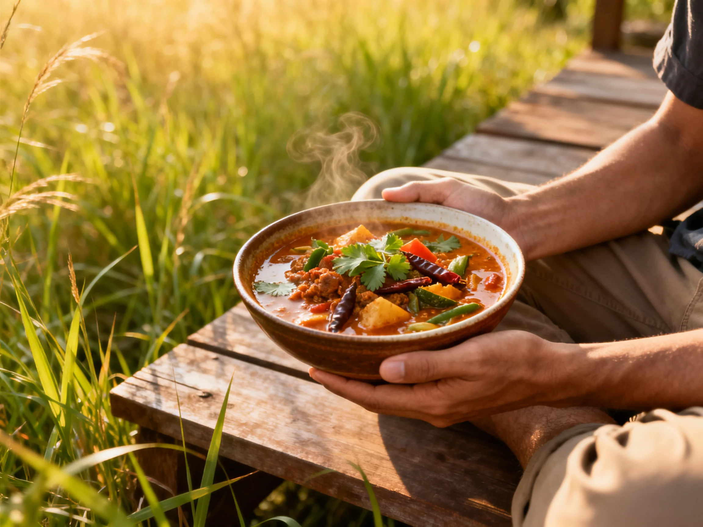 A steaming bowl of vibrant stew held outdoors on a wooden bench