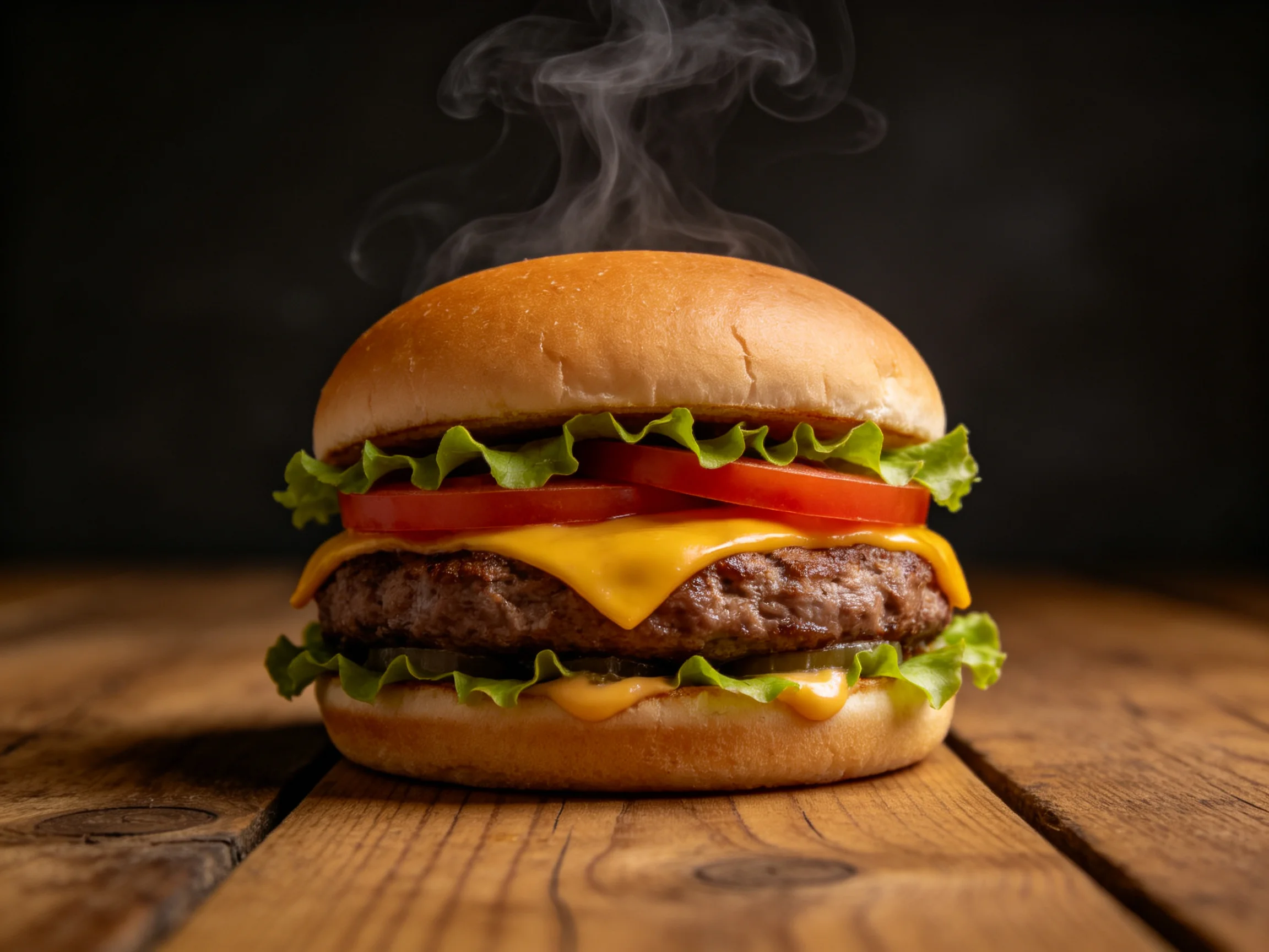 A steaming cheeseburger with fresh veggies on a rustic wooden table