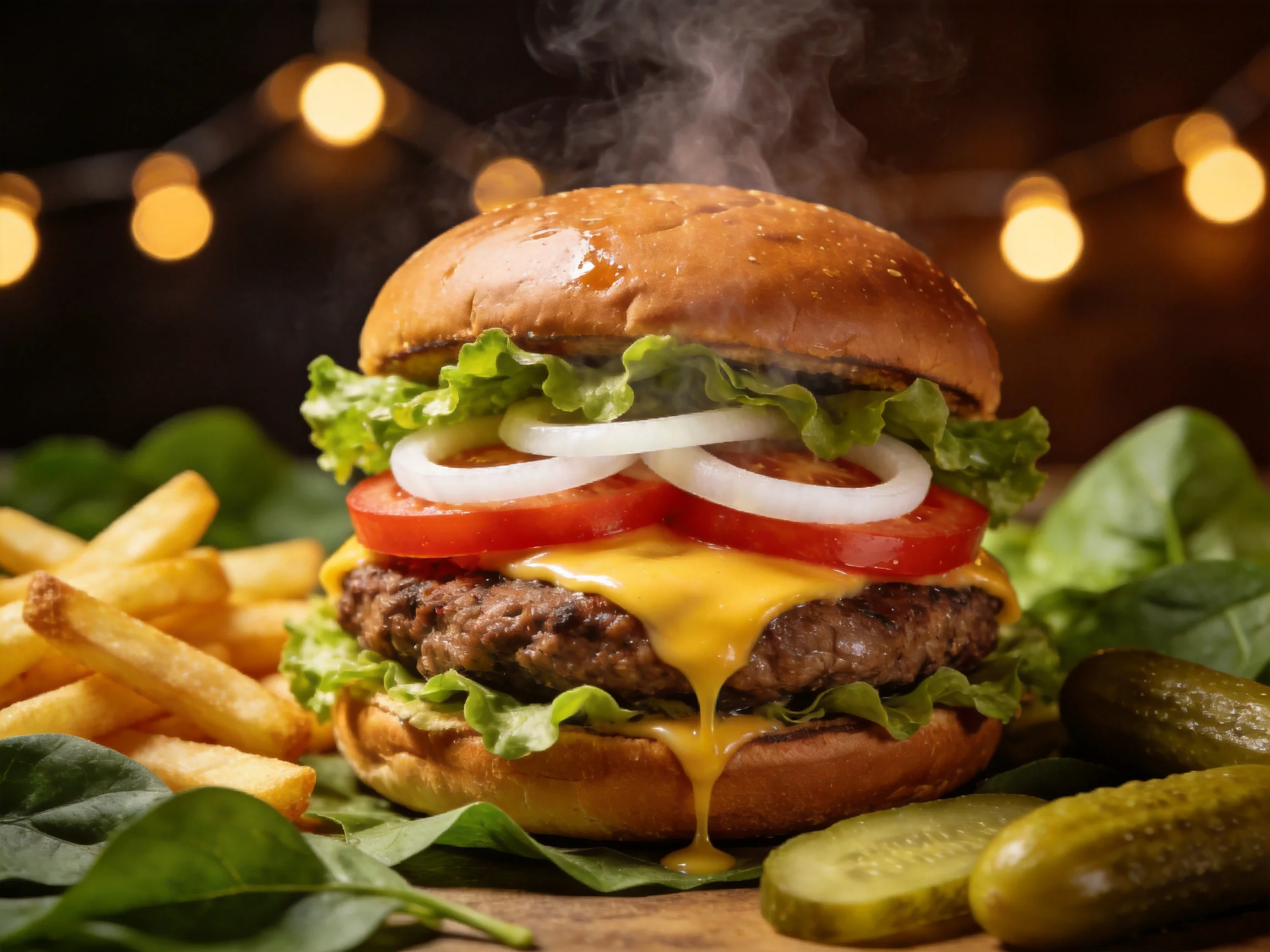 A steaming cheeseburger with lettuce, tomato, onion, served with fries and pickles