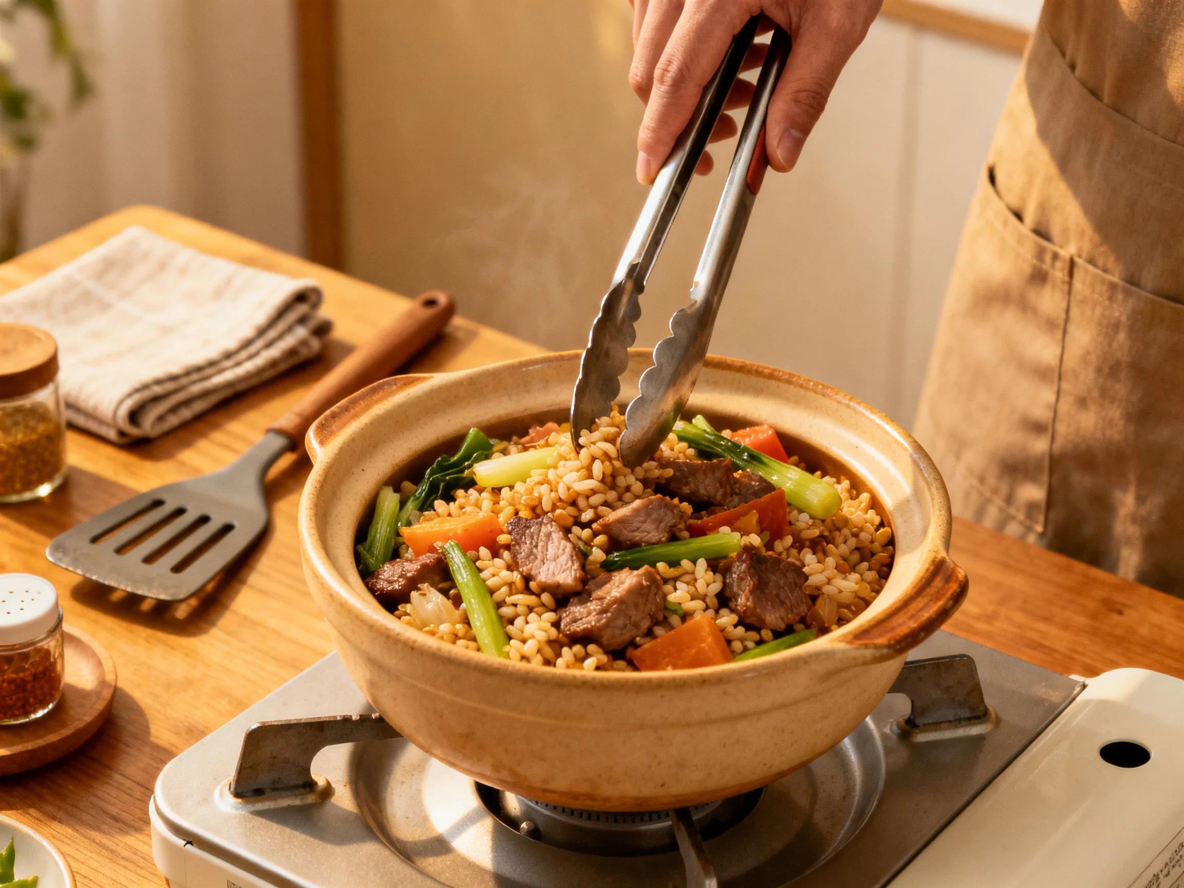 A steaming clay pot of rice, beef, and vegetables being served