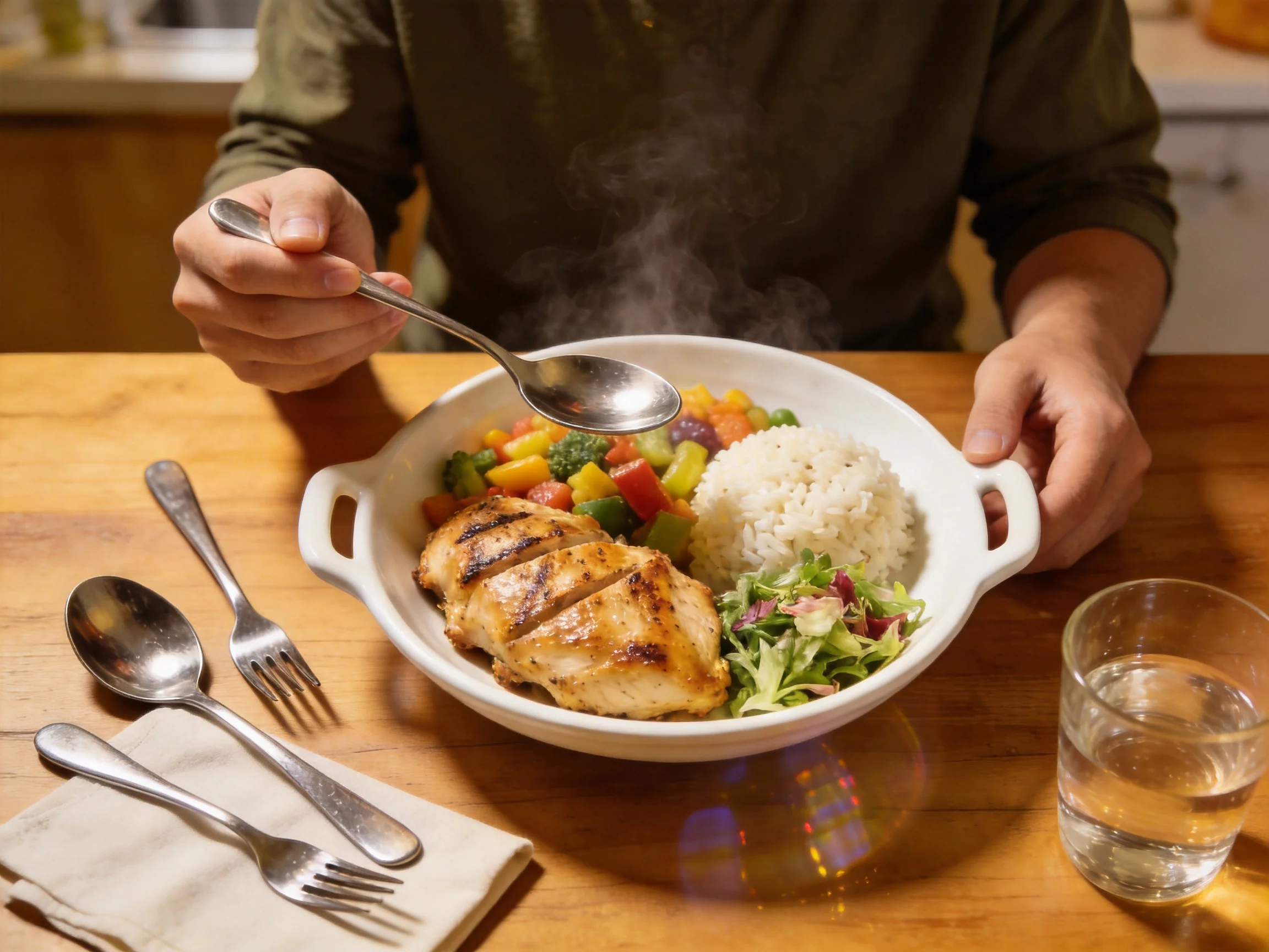 A steaming dish with grilled chicken, rice, and colorful vegetables