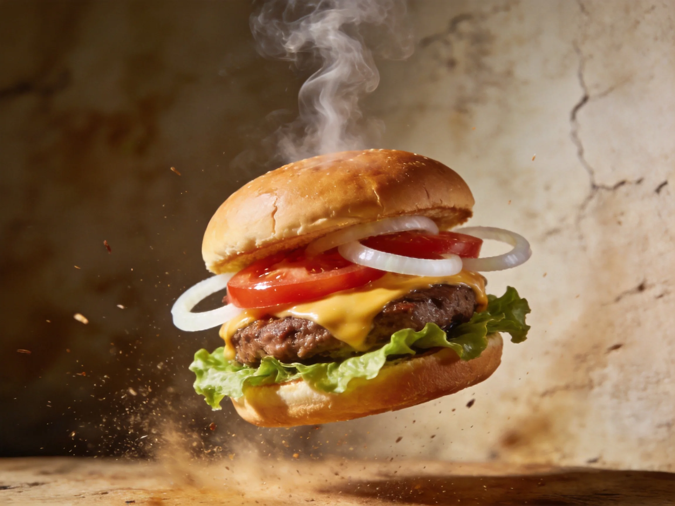 A steaming gourmet hamburger with fresh veggies mid-air