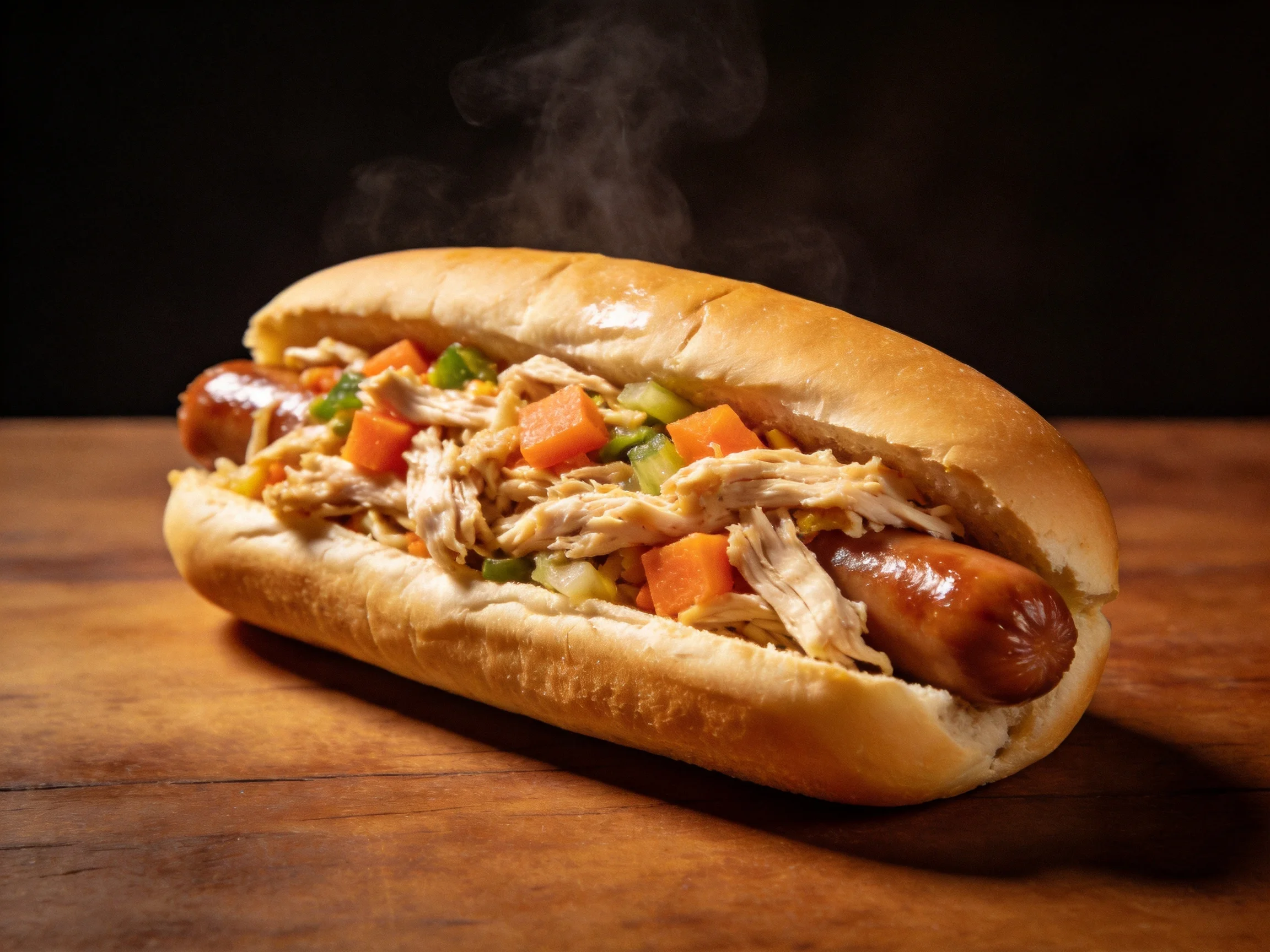 A steaming hot dog loaded with shredded chicken and diced vegetables