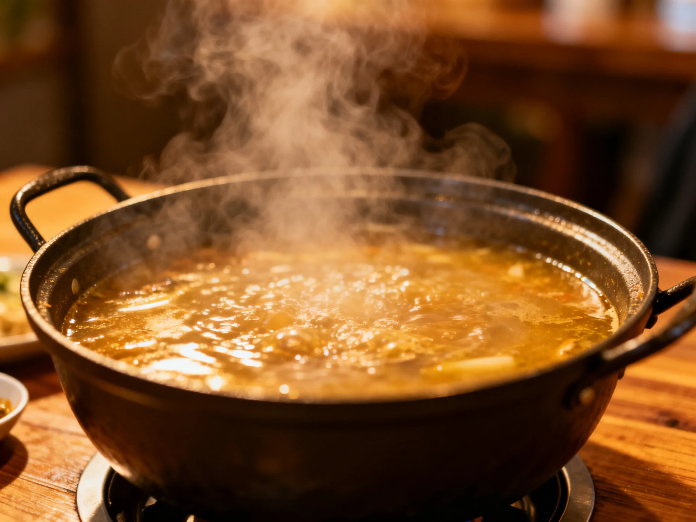 A steaming hot pot with bubbling broth on a wooden table