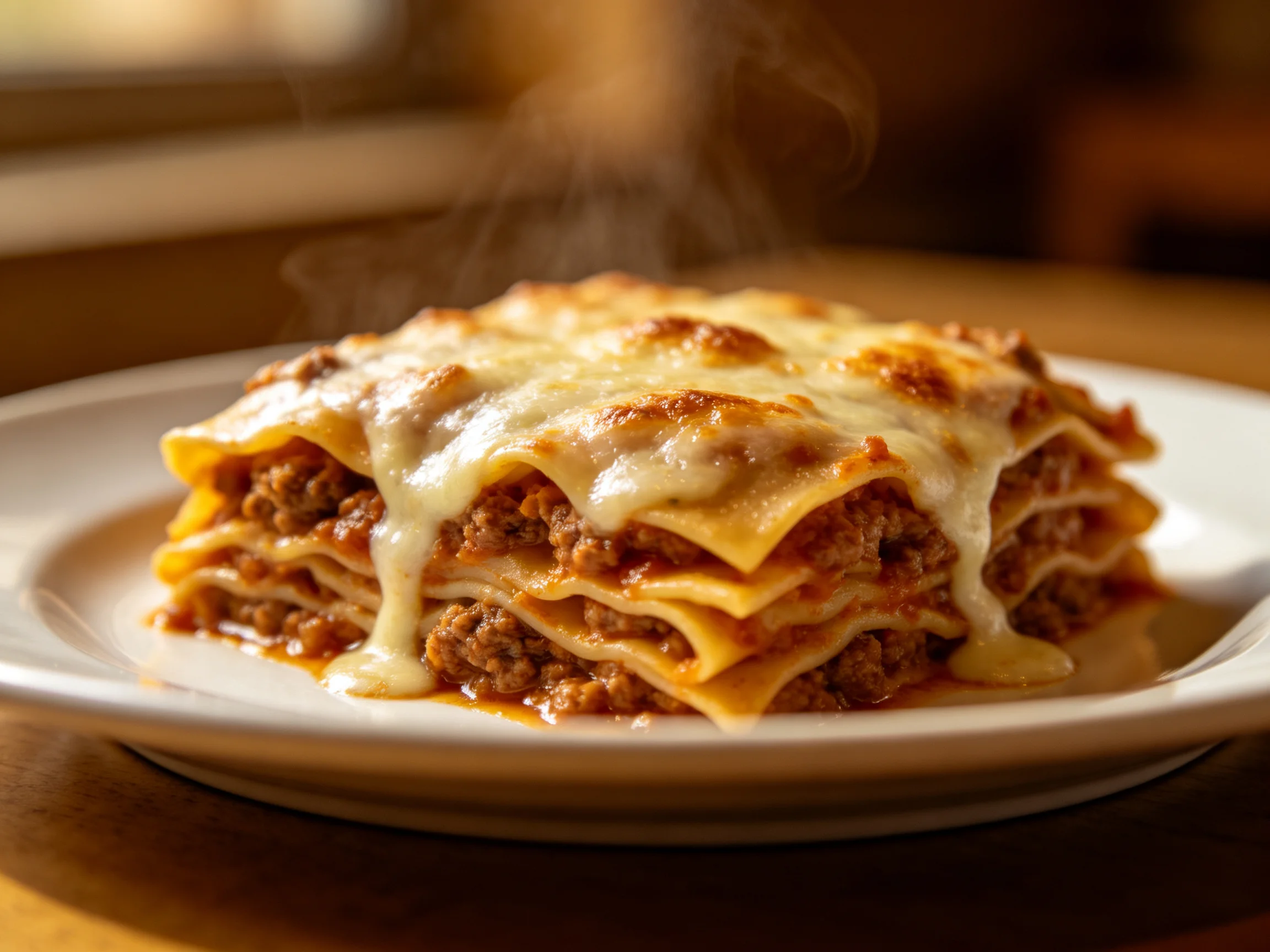 A steaming lasagna with layered pasta, meat, and melted cheese
