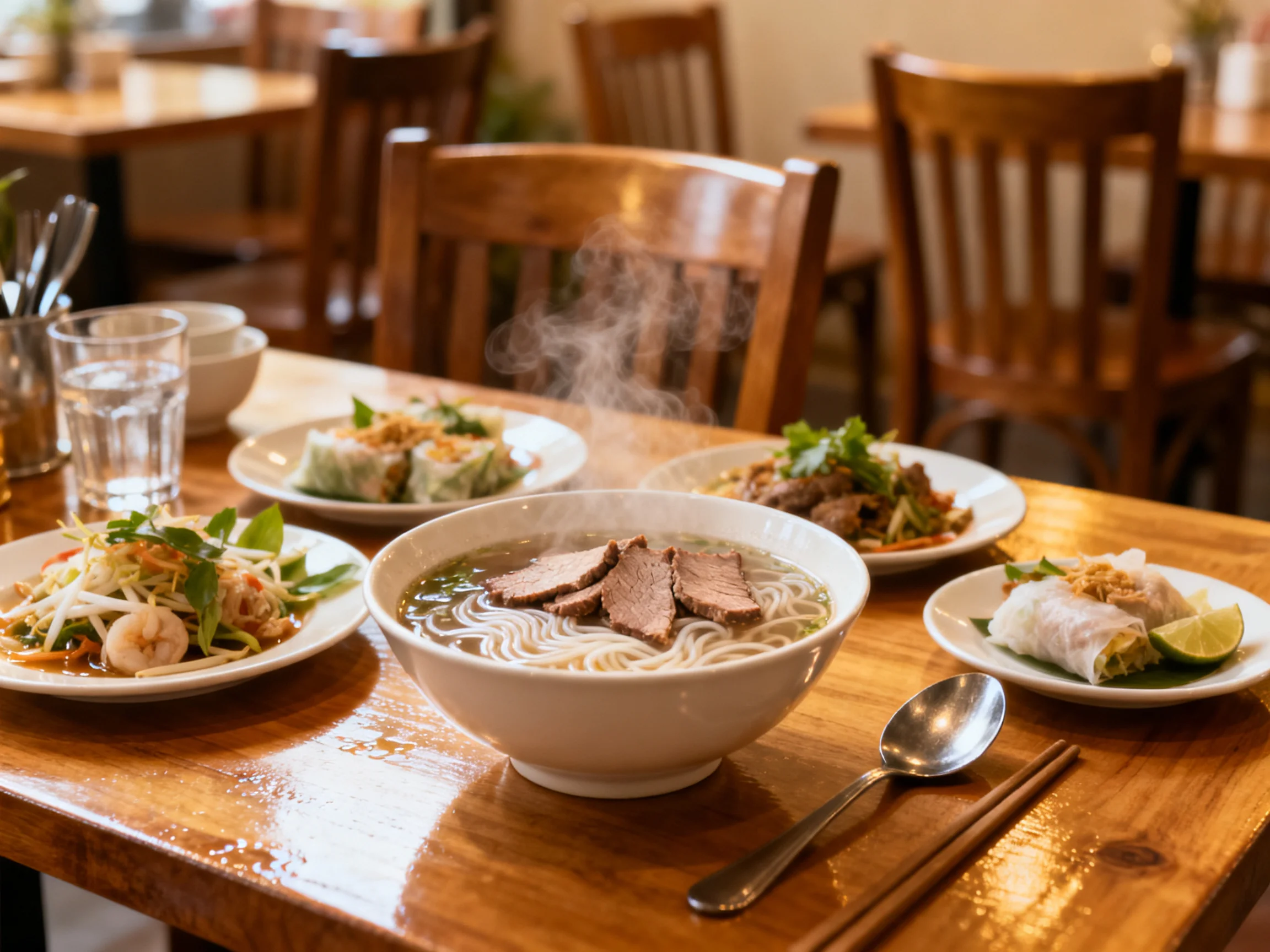 A steaming pho bowl with five side dishes on a wooden table