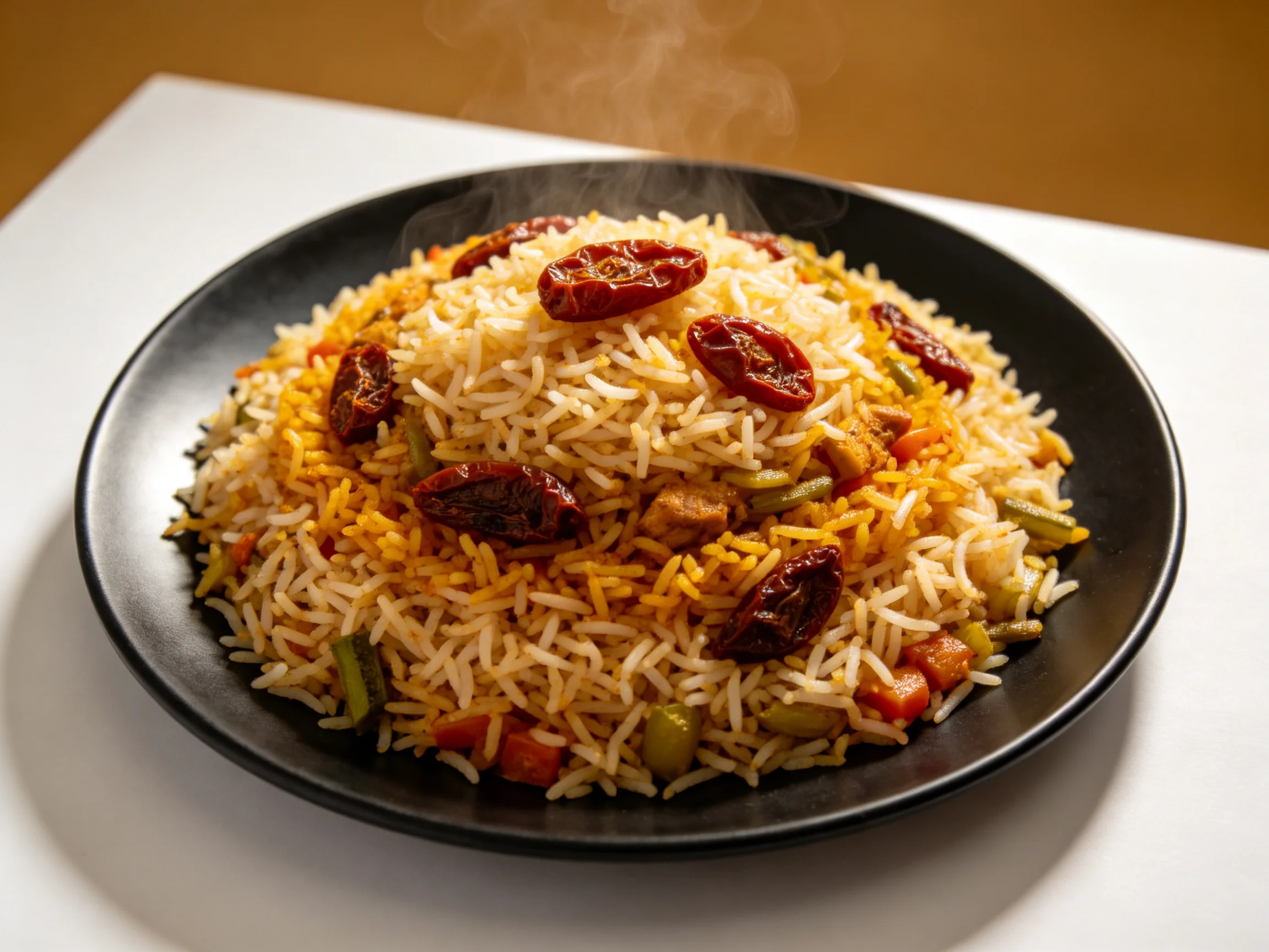 A steaming plate of mixed vegetable biryani with dried tomatoes