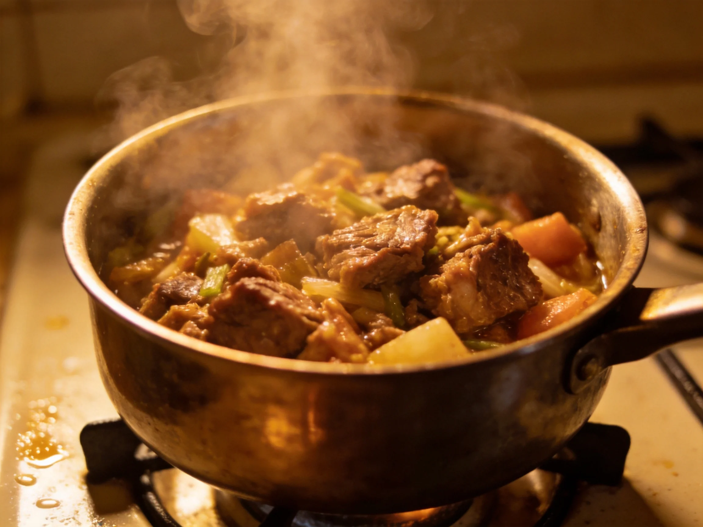 A steaming pot of beef and vegetable stew on a gas burner