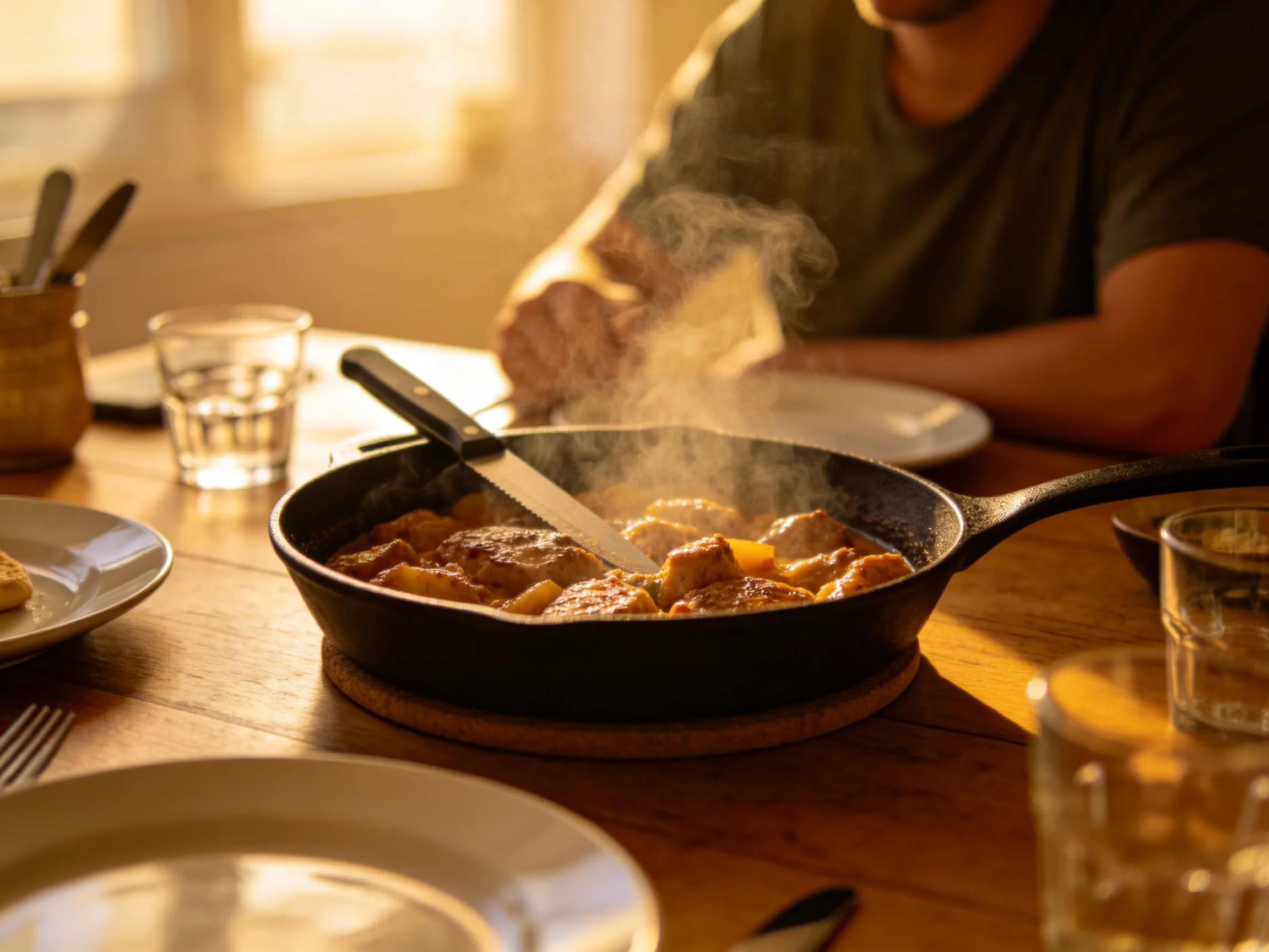 A steaming skillet of golden-brown food on a wooden dining table