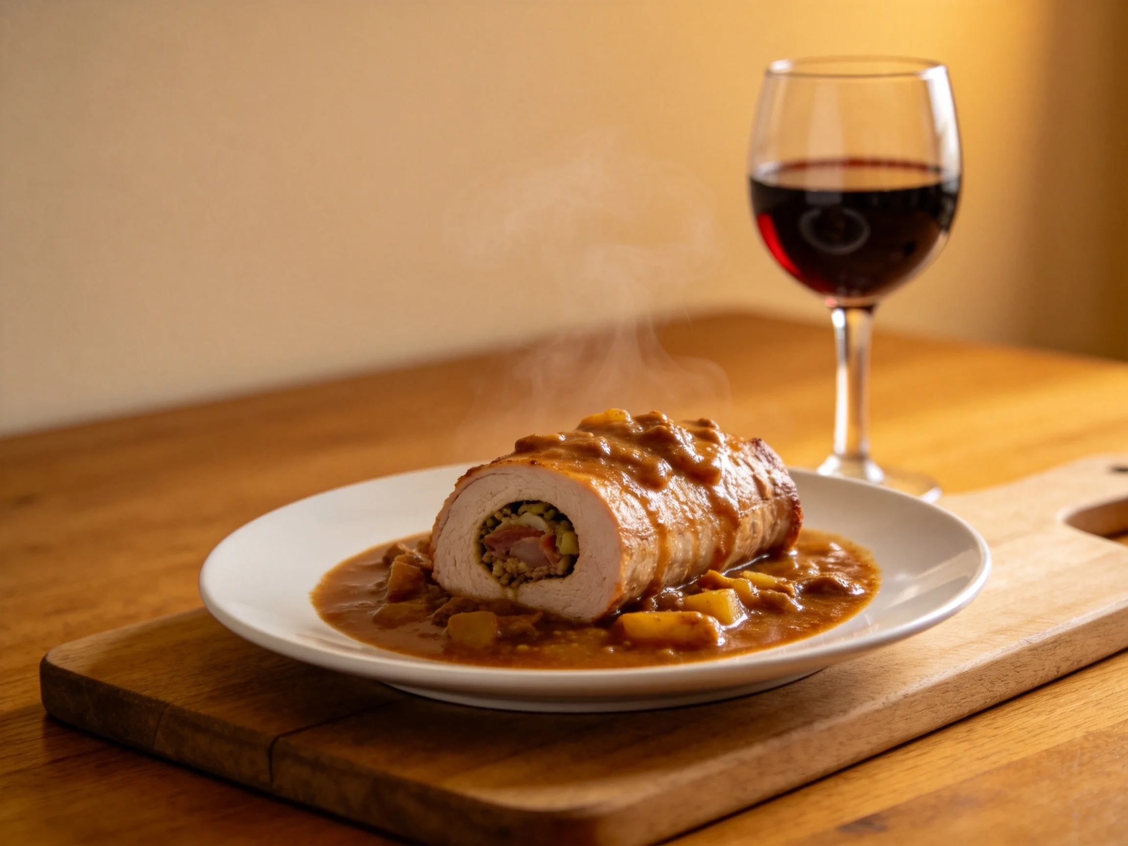 A steaming stuffed pork roast with brown sauce and red wine