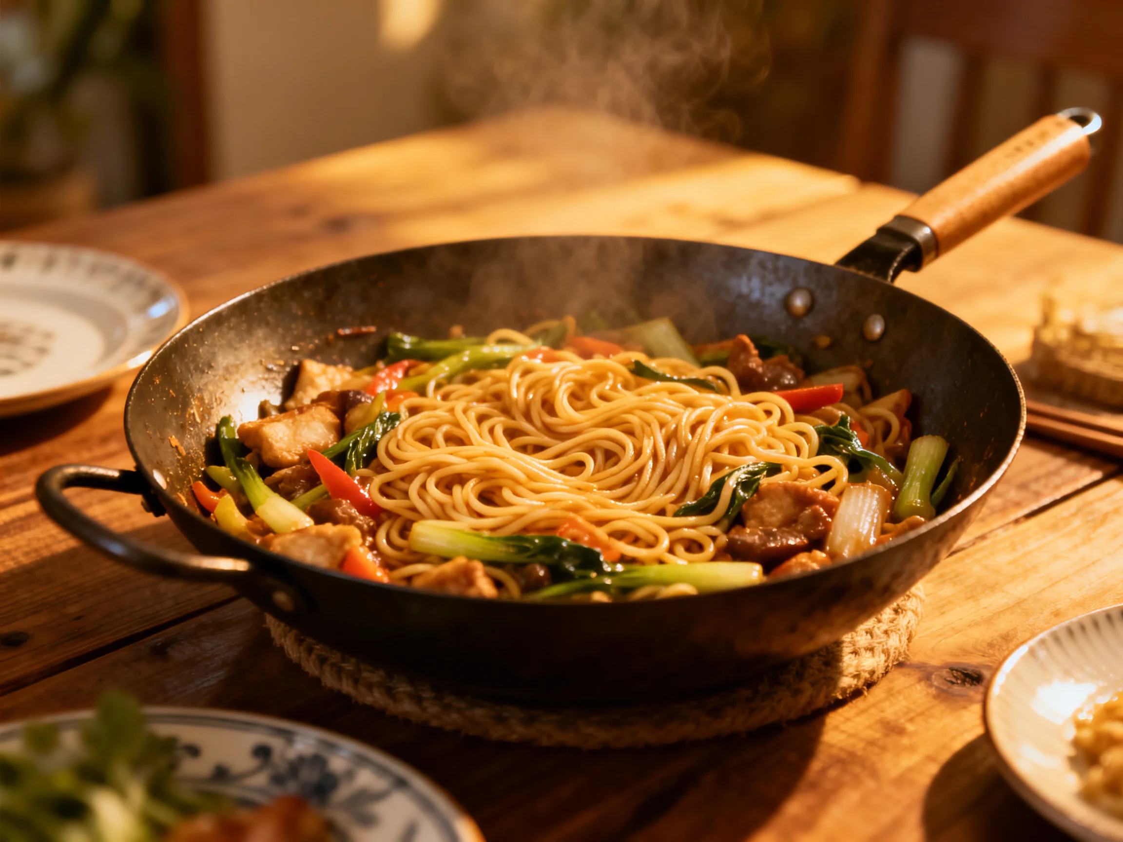 A steaming wok filled with noodles, vegetables, and meat on a wooden table