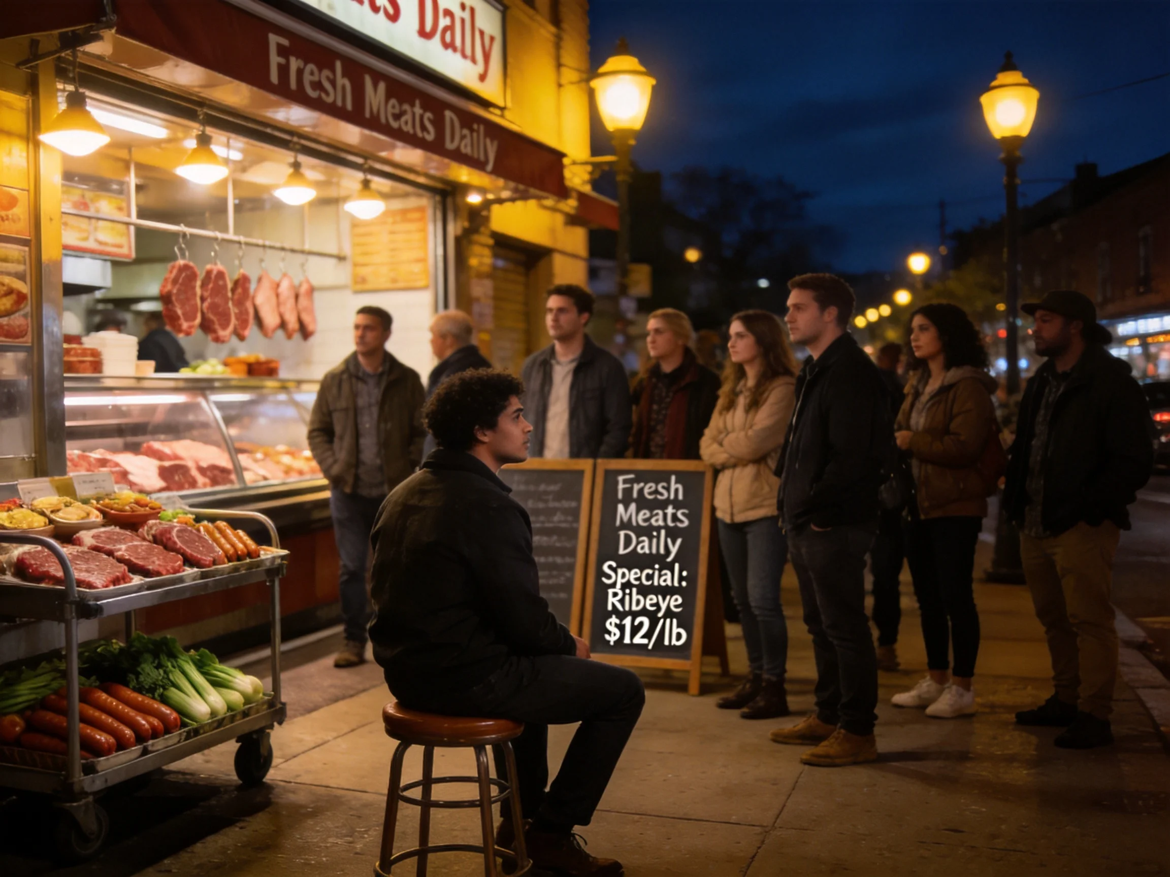A street vendor displays fresh meats to a gathered crowd at dusk