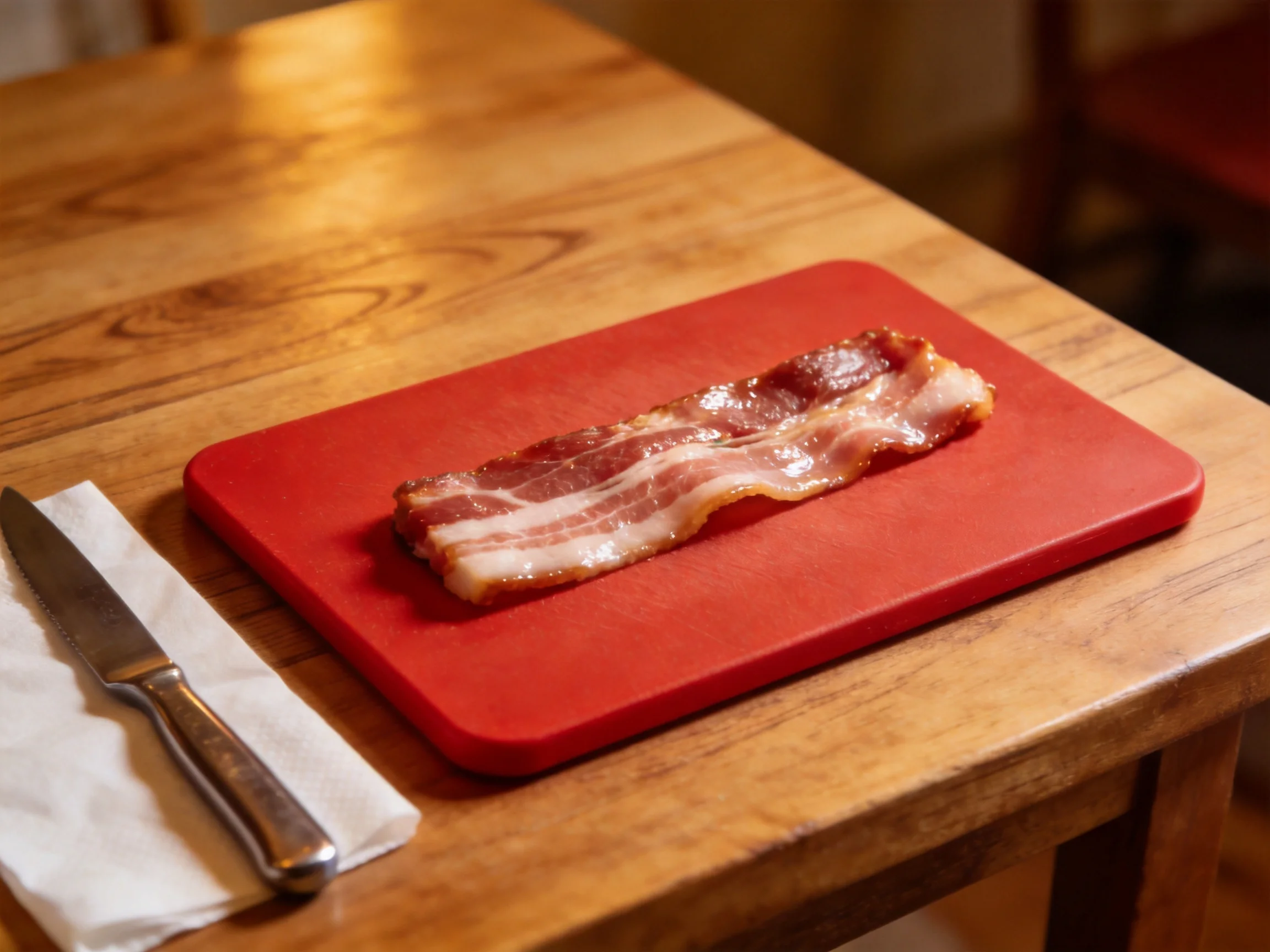 A strip of crispy bacon on a bright red cutting board atop a wooden table
