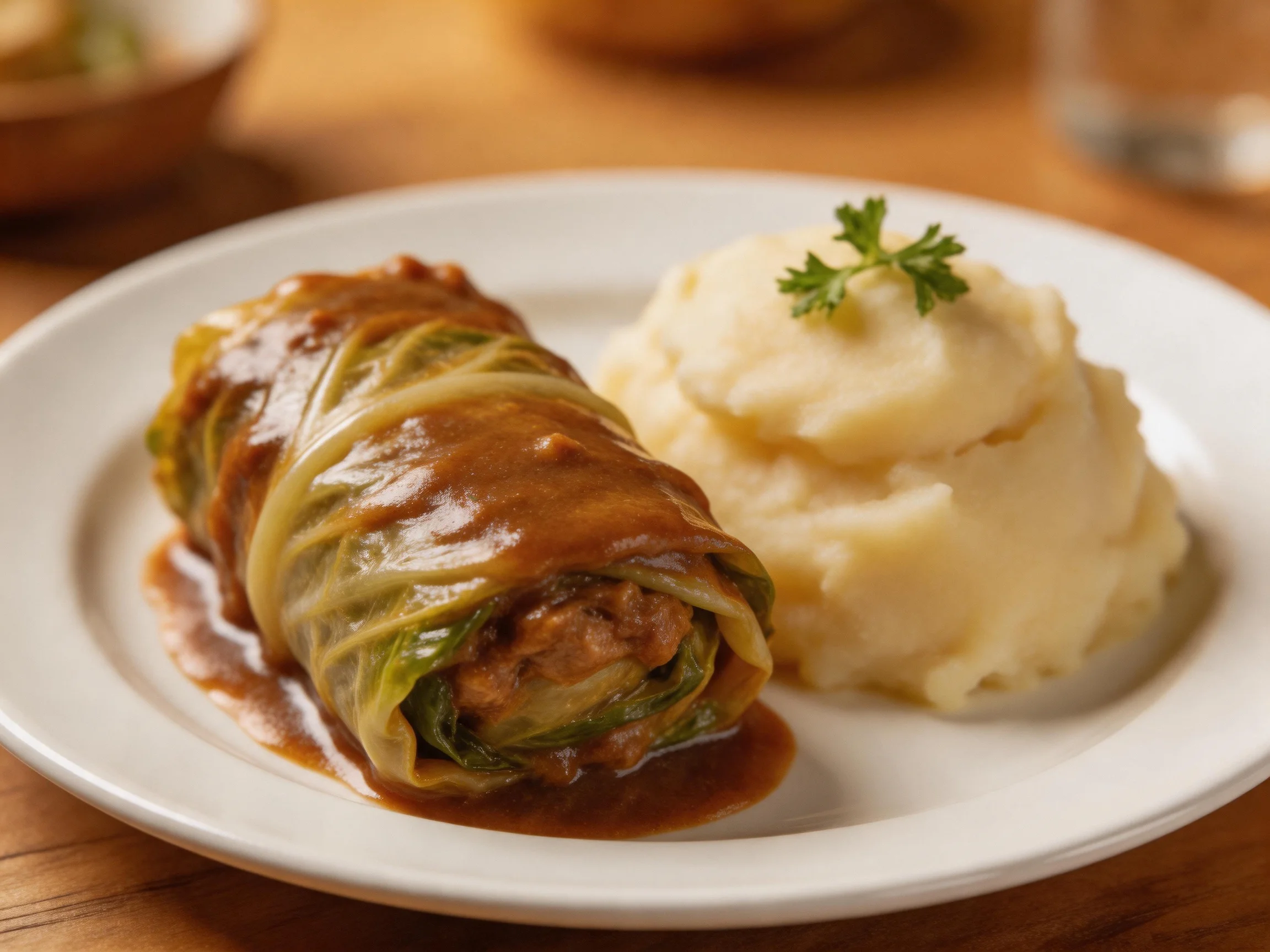 A stuffed cabbage roll with brown gravy beside creamy mashed potatoes