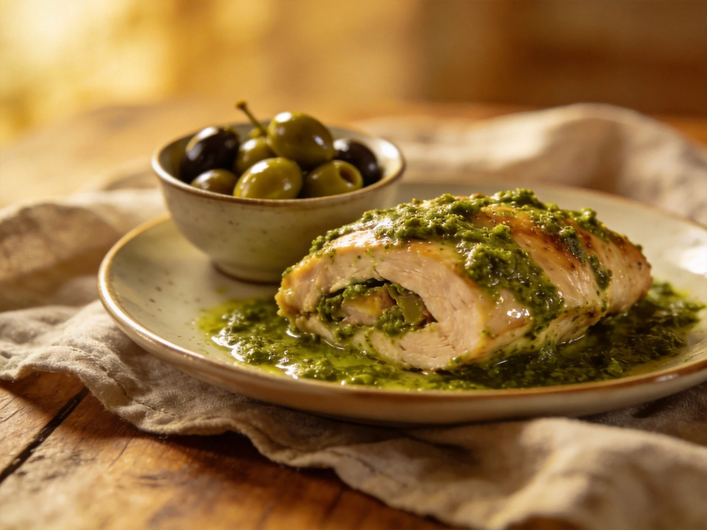 A stuffed chicken breast with green pesto sauce beside an olive bowl