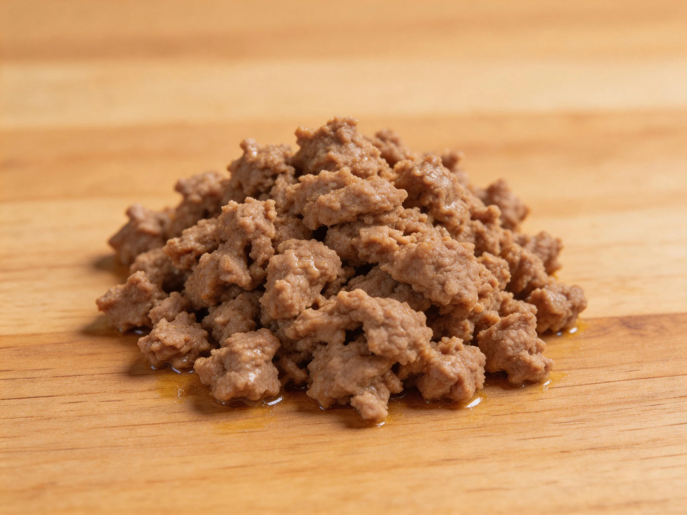 A substantial pile of cooked ground beef on a wooden cutting board