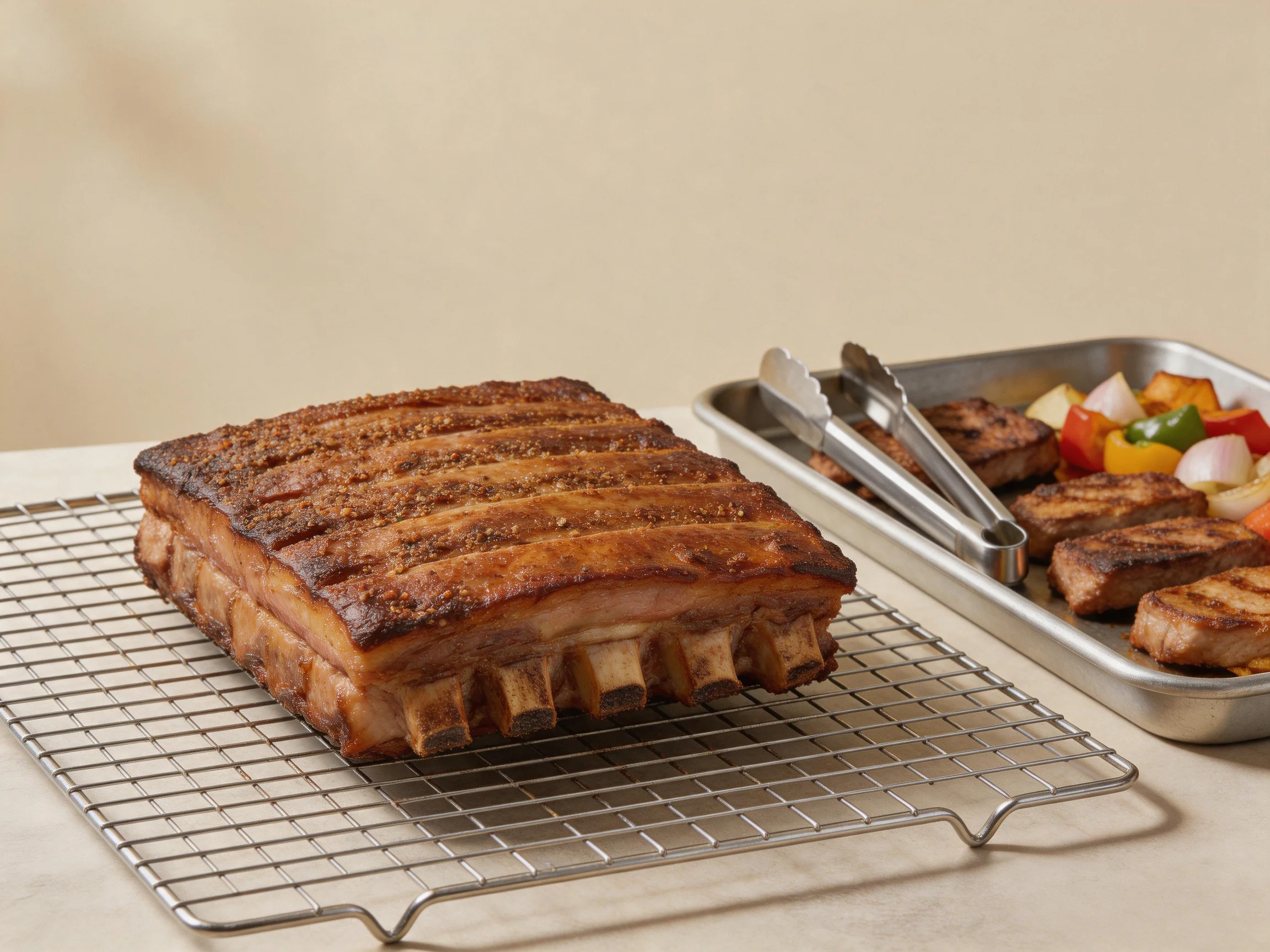 A substantial slab of golden-brown ribs rests on a cooling rack beside a tray of grilled vegetables