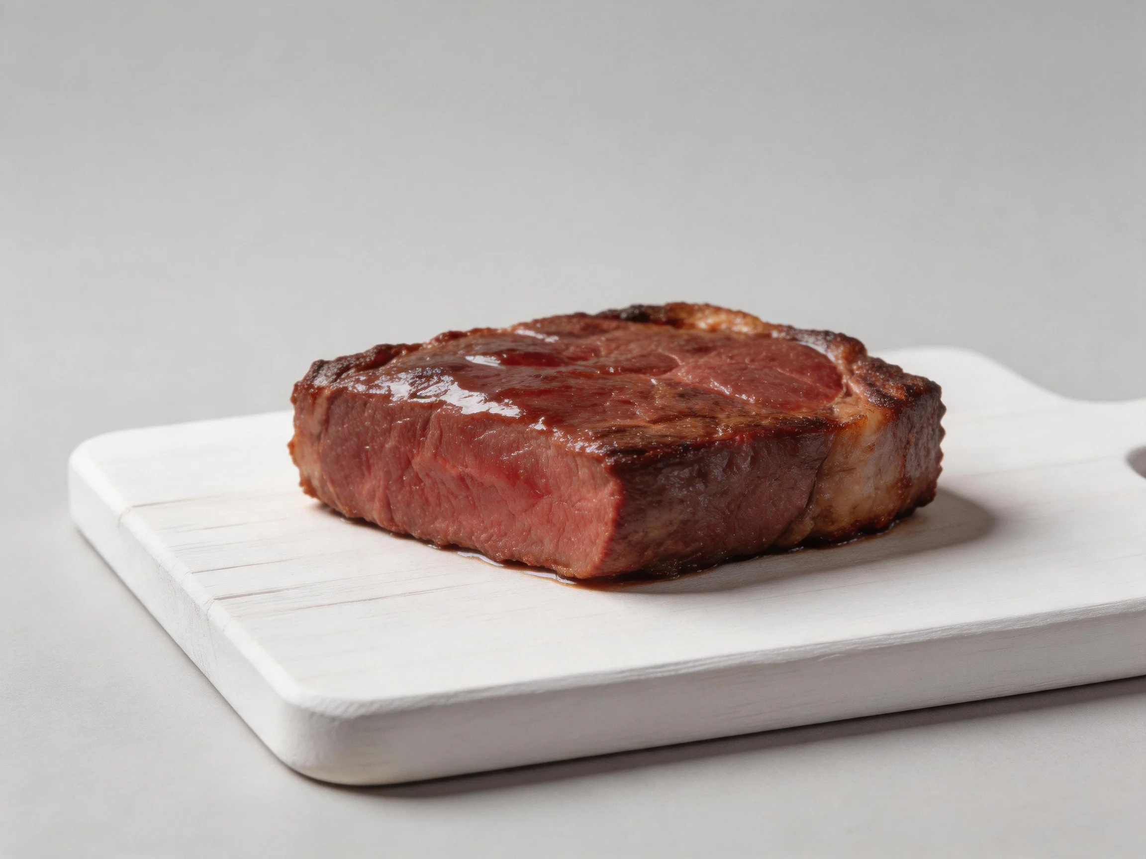 A succulent, browned steak displayed on a white cutting board