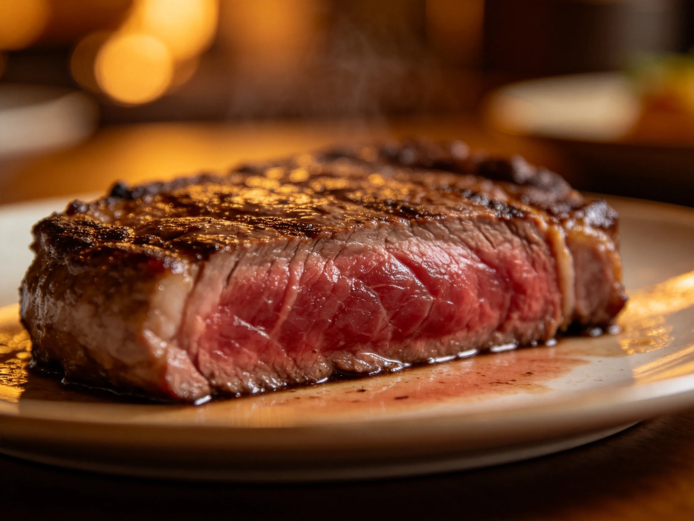 A succulent medium-rare steak presented on a simple ceramic plate