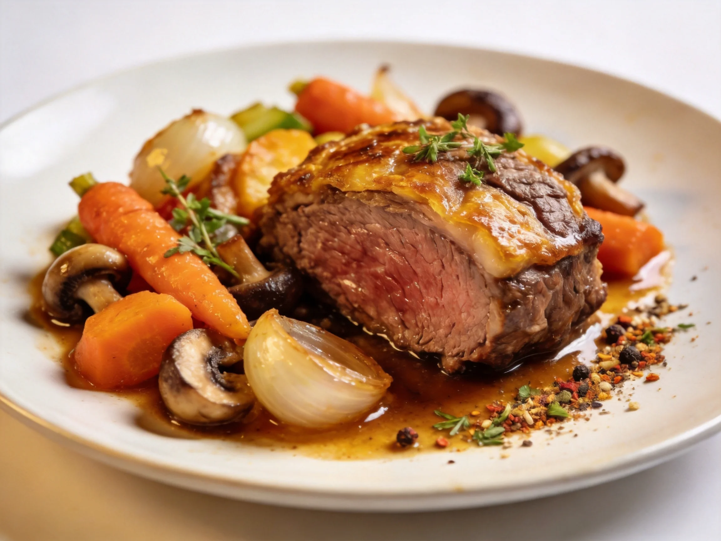 A succulent roast beef served with mixed vegetables and herb garnish