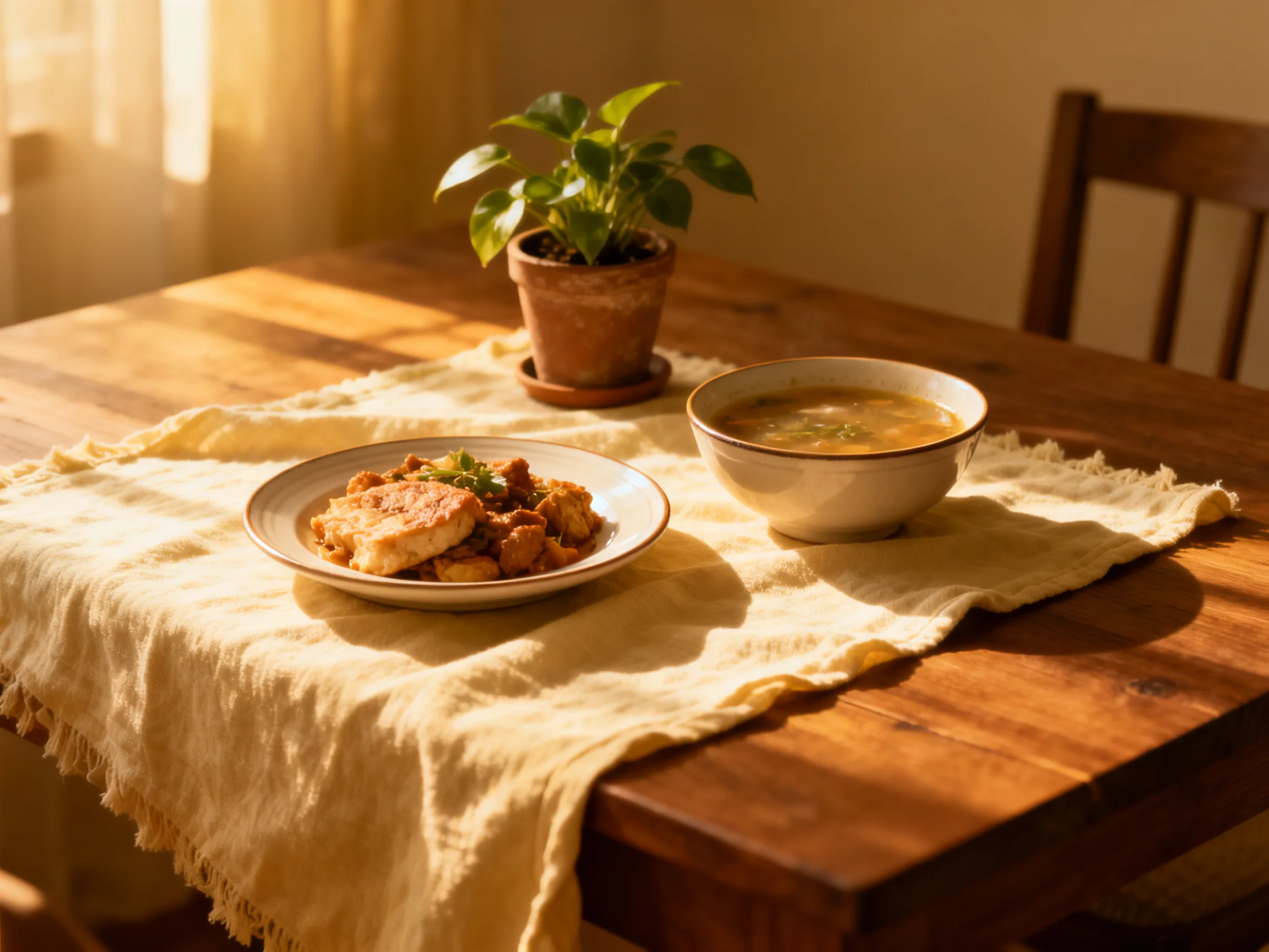 A sunlit wooden table with a meal, soup, and potted plant