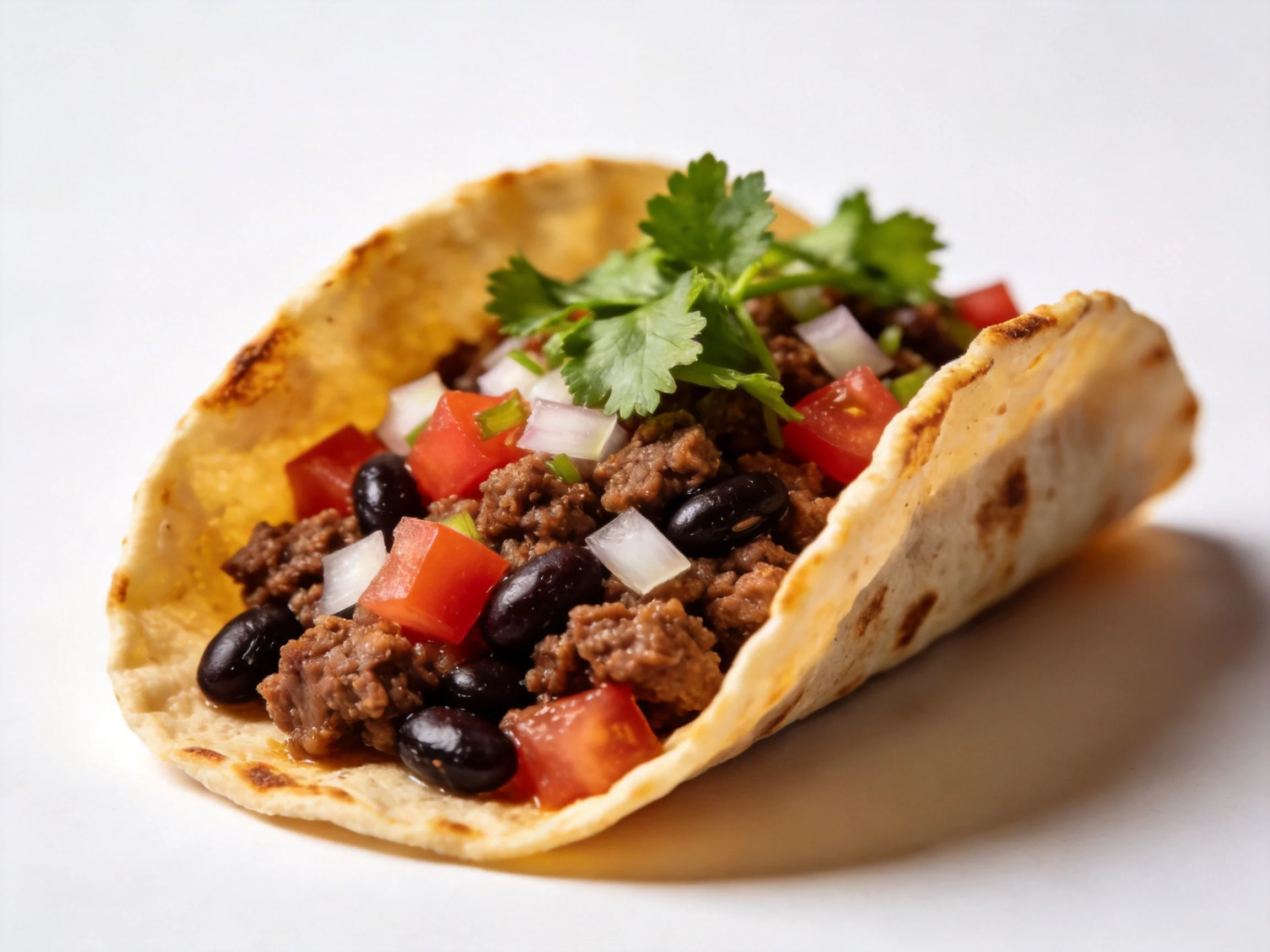 A taco filled with ground beef, black beans, tomatoes, and cilantro
