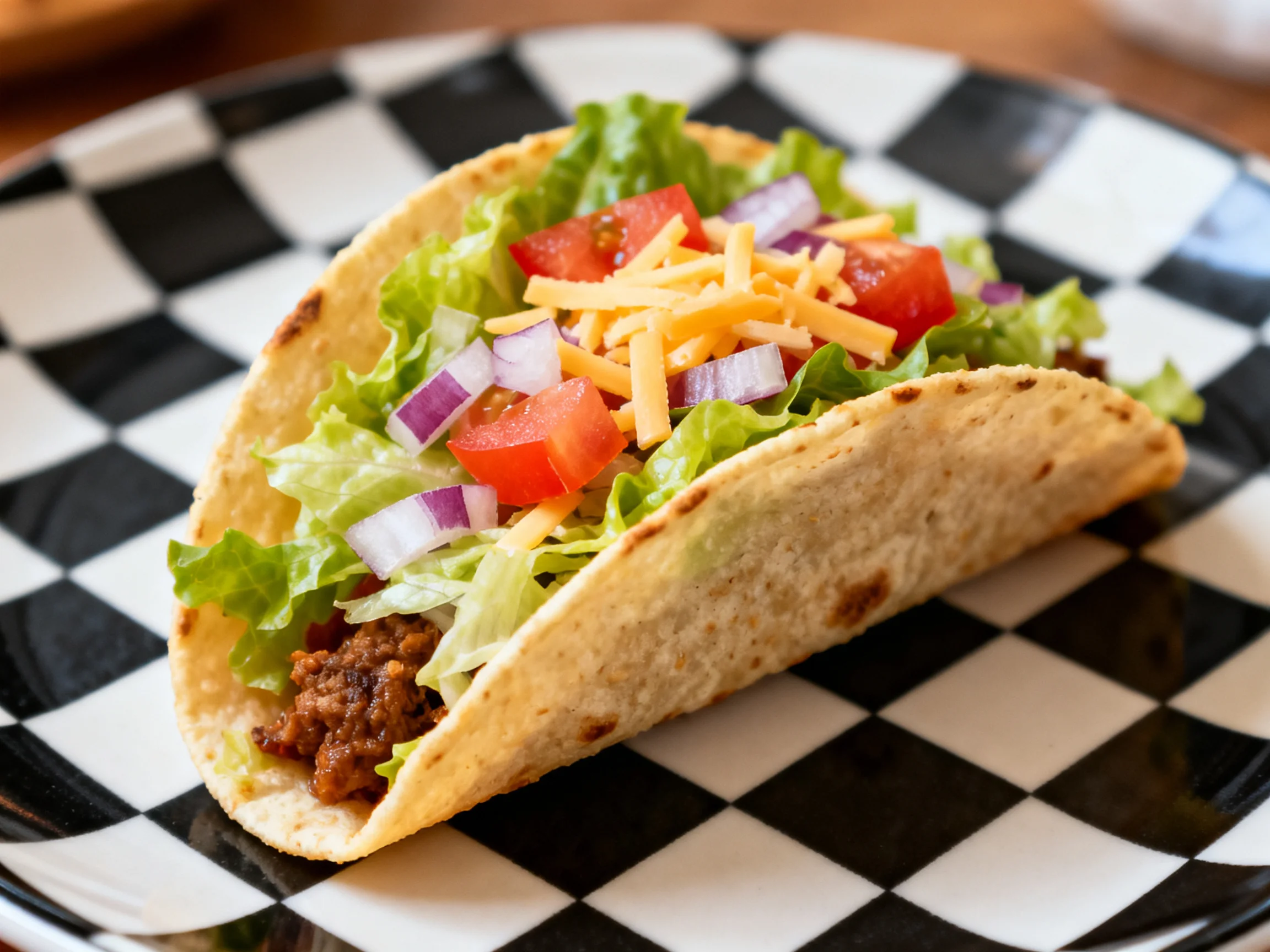 A taco filled with lettuce, tomatoes, cheese, and meat on a black-and-white plate