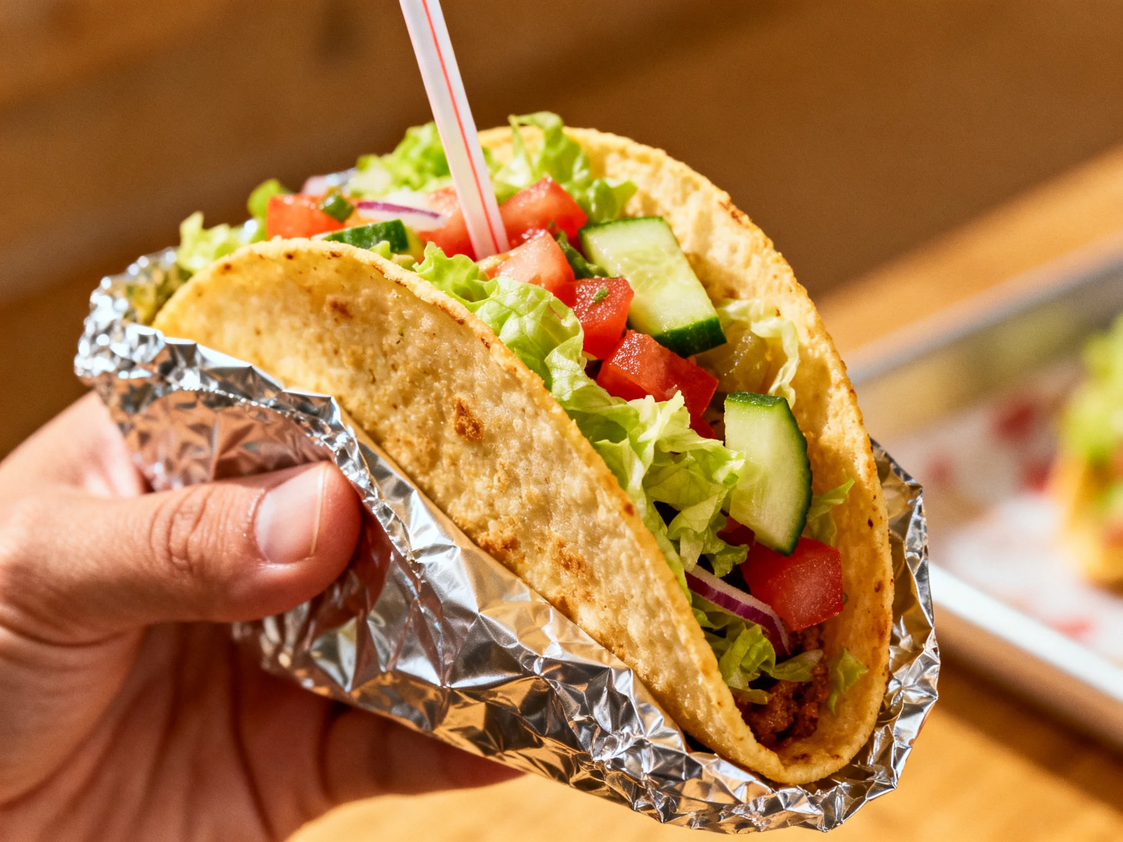 A taco loaded with fresh vegetables wrapped in aluminum foil
